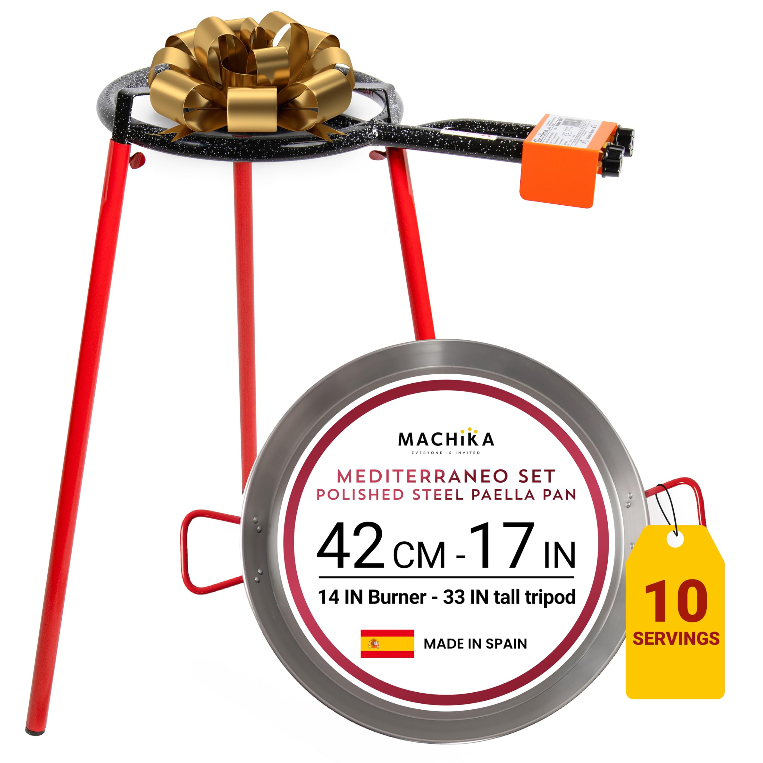 Machika Mirador Set Paella Kit with 24-inch 60-cm Carbon Steel Pan| 12 in 20 in Double Ring Paella Burner and Stand Set (33.5in)