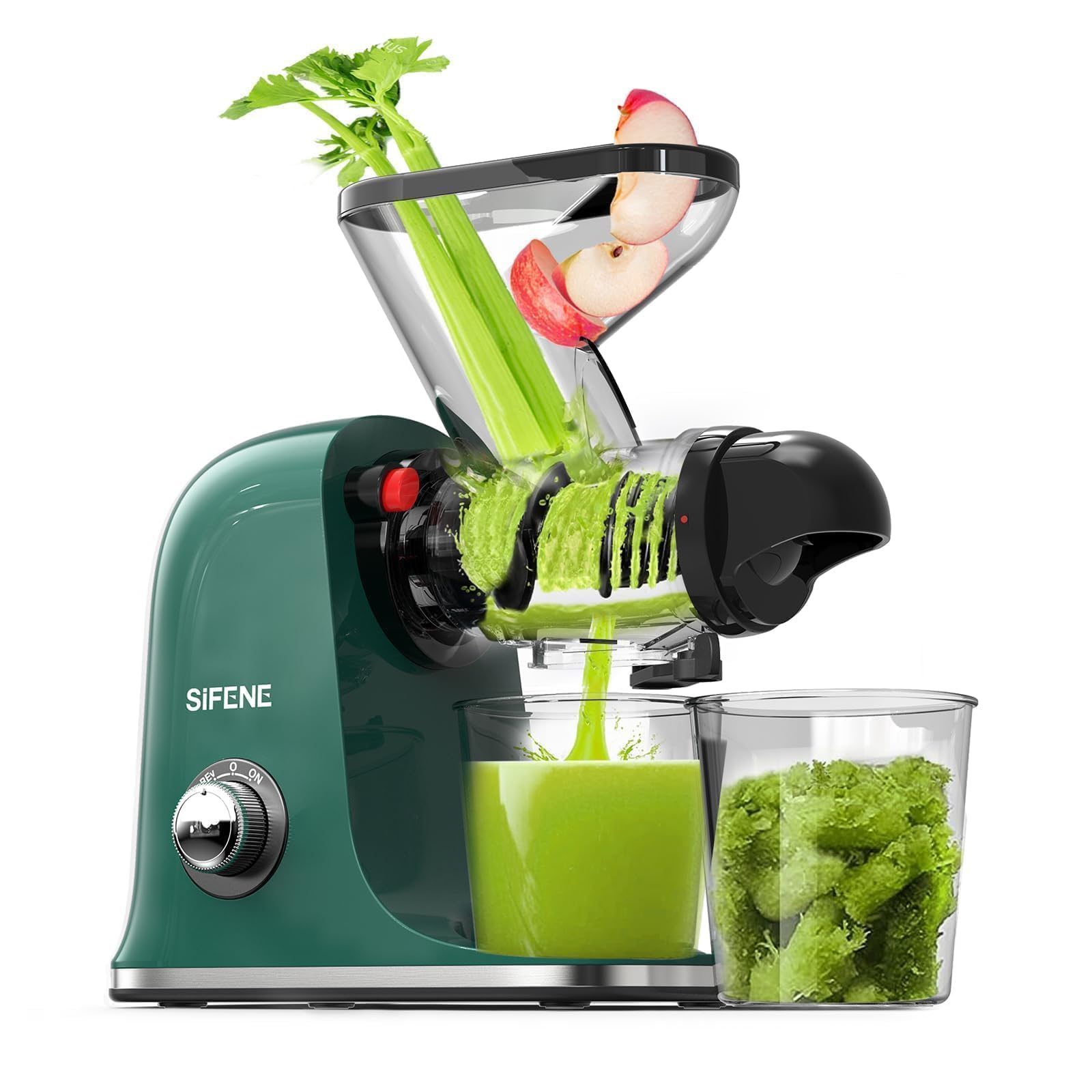 SIFENE Single Auger Masticating Juicer - Cold Press Slow Juicer for Celery, Carrots, Ginger & Fruits, Dual Feed Chute, BPA Free,