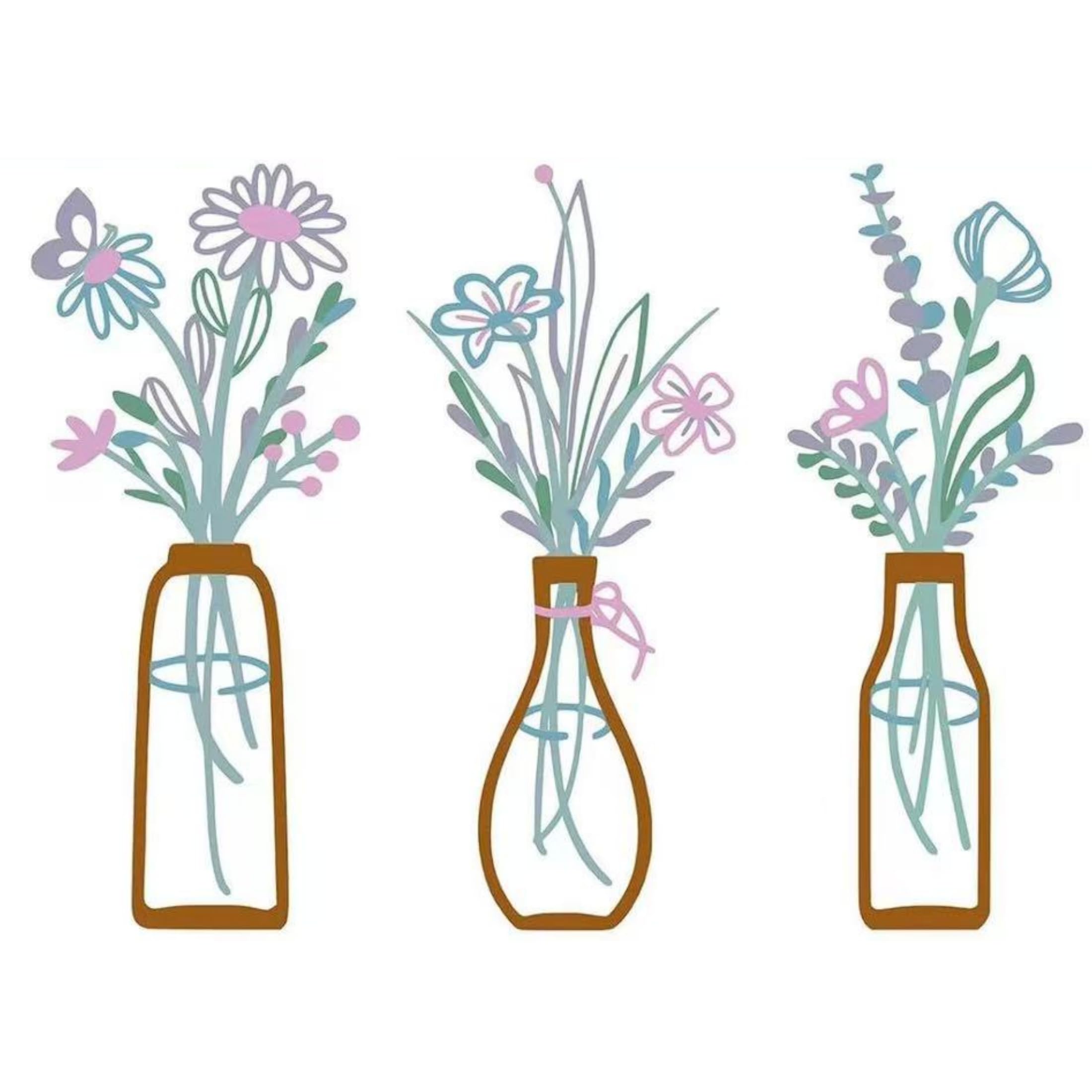 HKebe 3 PCS Metal Flower Wall Art, 5.1 X 2.1 Inch Iron Vase Wall Decor, Wall Decals Peel and Stick for Bedroom Bathroom Living R