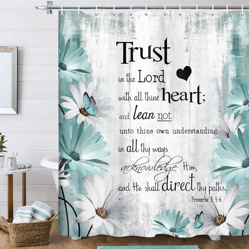 Rustic Farmhouse Teal Shower Curtain Bible Verse Inspirational Shower Curtain Country Farm Teal Daisy Flowers Butterfly Abstract