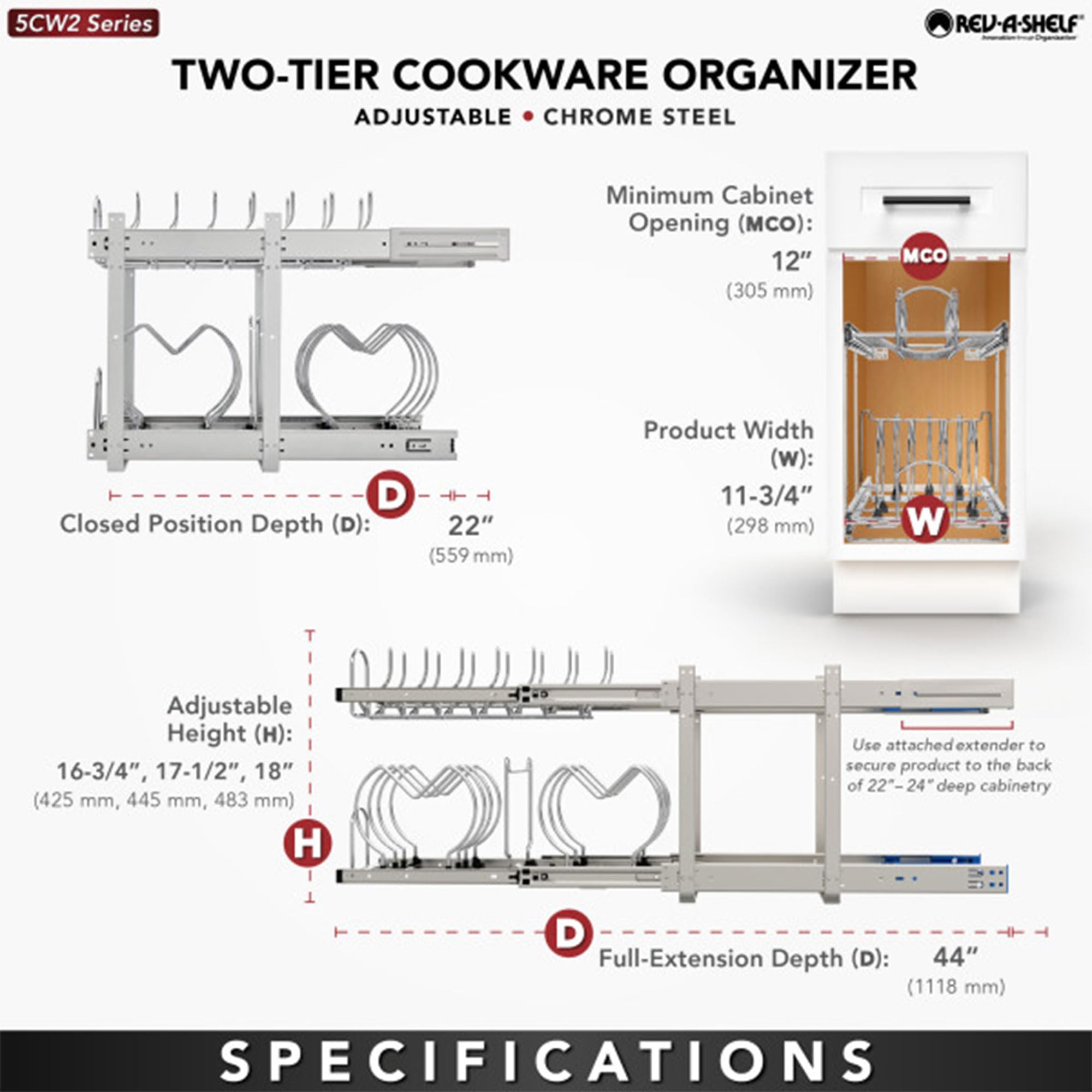Rev-A-Shelf 2-Tier Kitchen Cabinet Pullout 11.75 Cabinet Organizer For Pots, Pans, And Lid Cookware, Adjustable Heavy Duty Wir