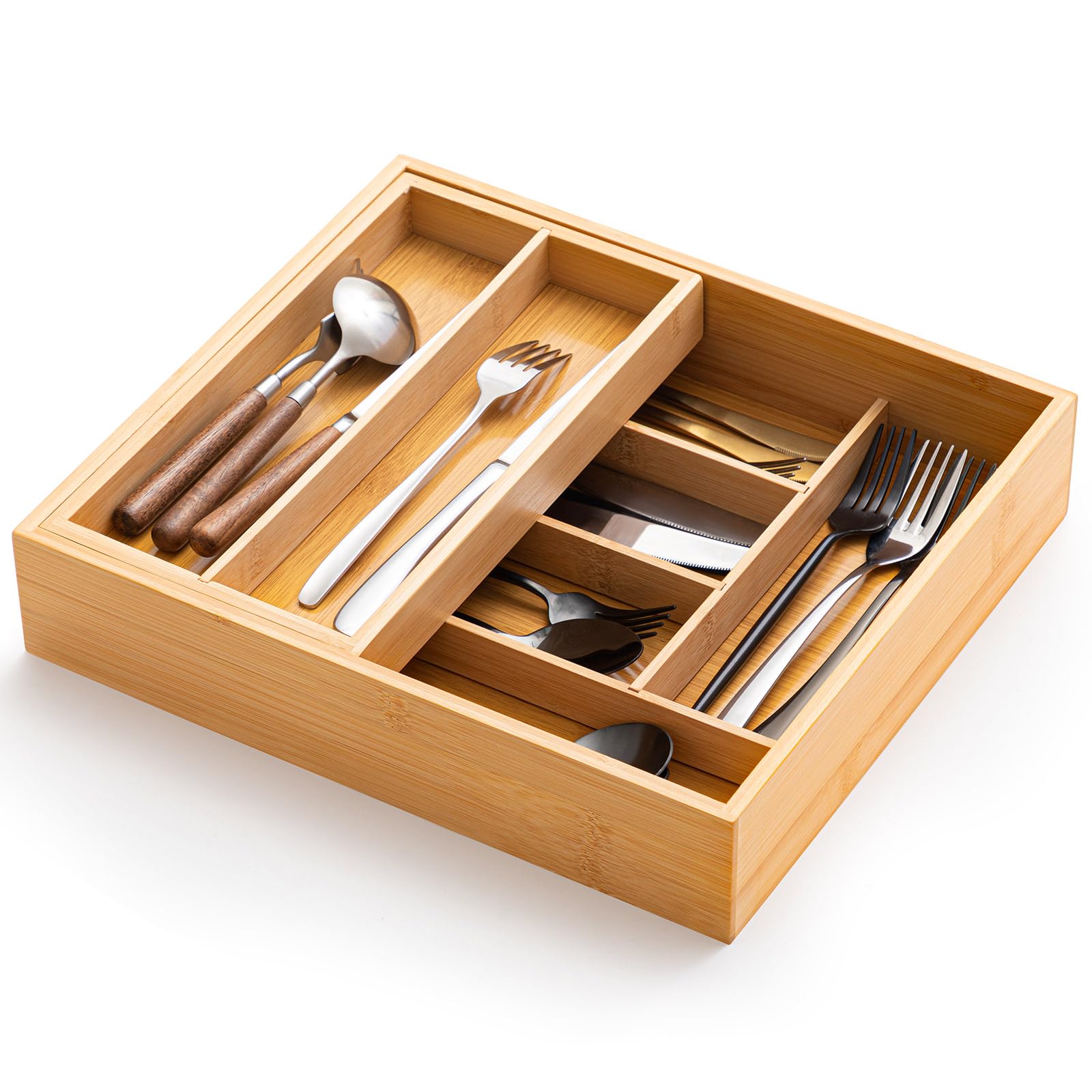 Fiwochic Double Bamboo Kitchen Drawer Organizer, Removable, Deep