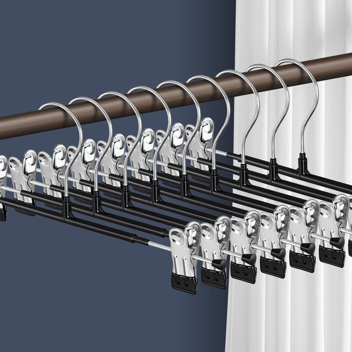 Hwajan 14Inch Black Pants Hangers With Clips 20 Pack Adjustable Skirt Hangers For Women Non-Slip Trousers Hanger For Jeans Cloth