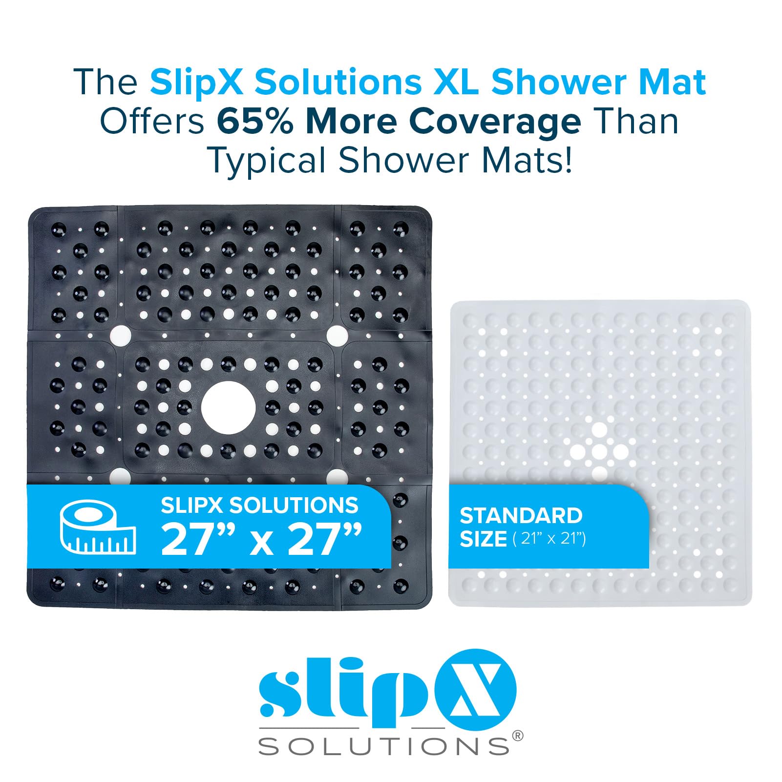Slipx Solutions Accu-Fit 27 X 27 Inch Square Shower Mat  Extra Large Non-Slip Stall Mat For Elderly & Kids Bathroom  Drain Holes