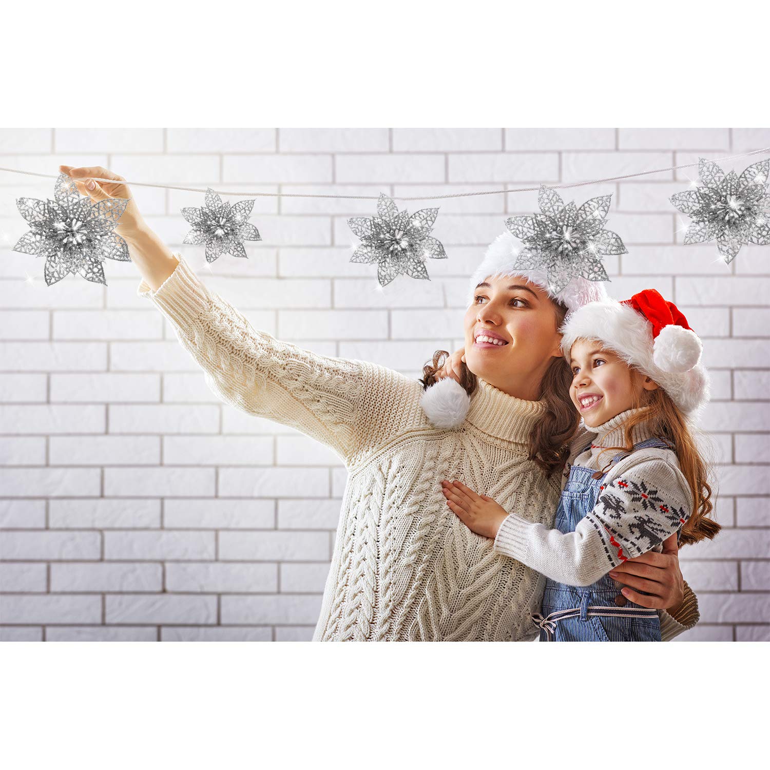 WILLBOND 36 Pieces Christmas Poinsettia Flowers Artificial Christmas Tree Ornaments Glitter Poinsettia for Tree Wedding New Year