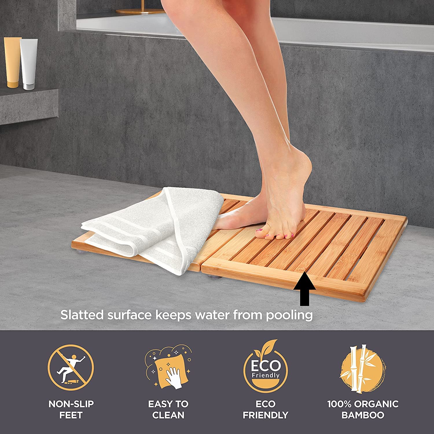 Bamboo Bath Mat Shower Floor Mat Non Slip  Made of 100% Natural Bamboo  By Bambusi