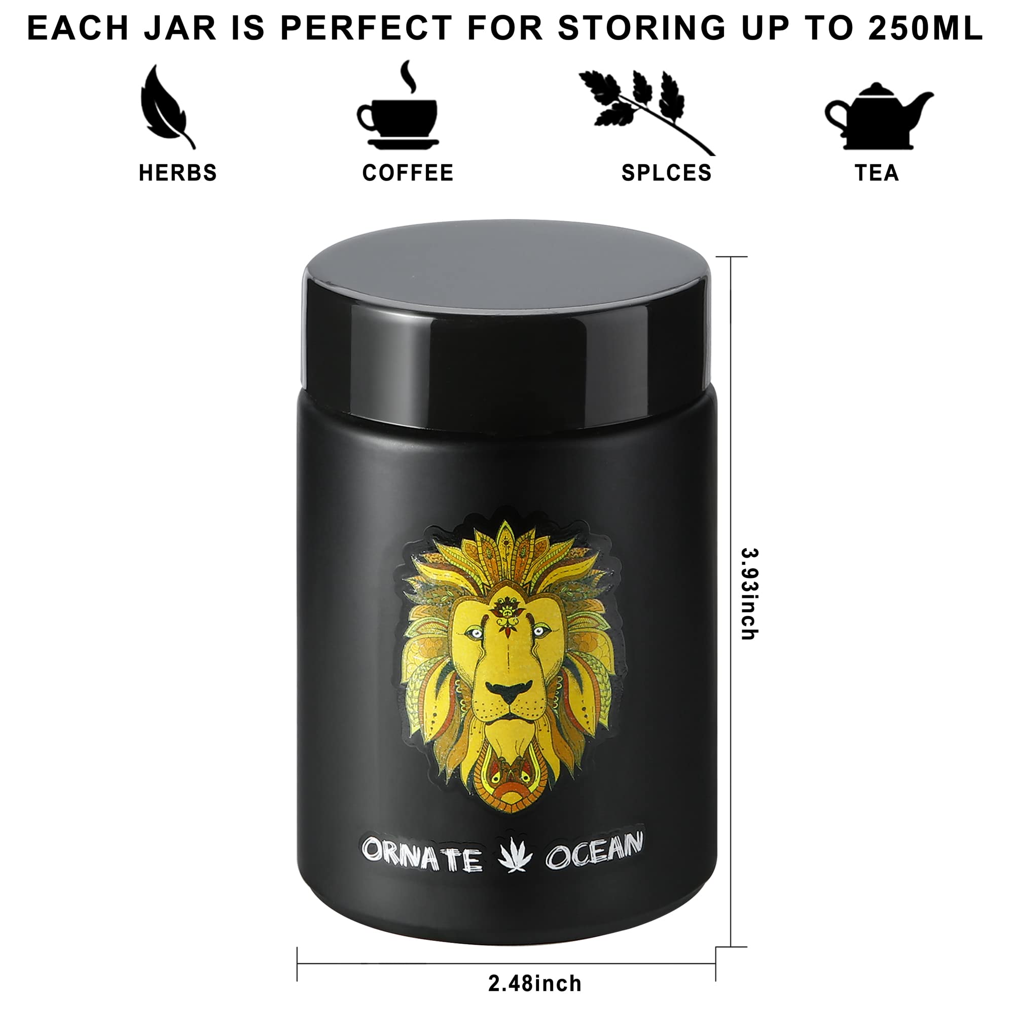 Ornate Ocean 4-Pack 250Ml Uv Glass Stash Jars Lion King - 4 Piece Set Multipurpose Storage Containers - Convenient Airtight Smel