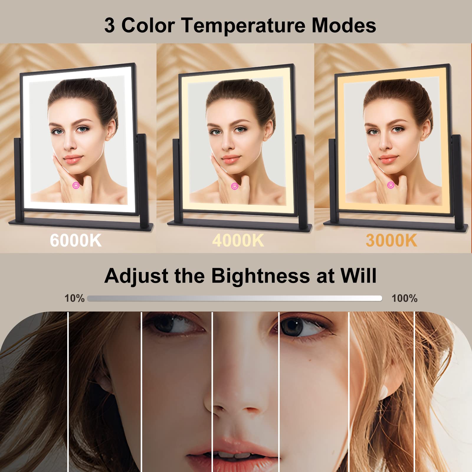 Beelux Vanity Mirror With Lights,16''  14'' Makeup Mirror With Light Smart Touch Control Dimmable 3 Modes Lighted Led Mirror 360