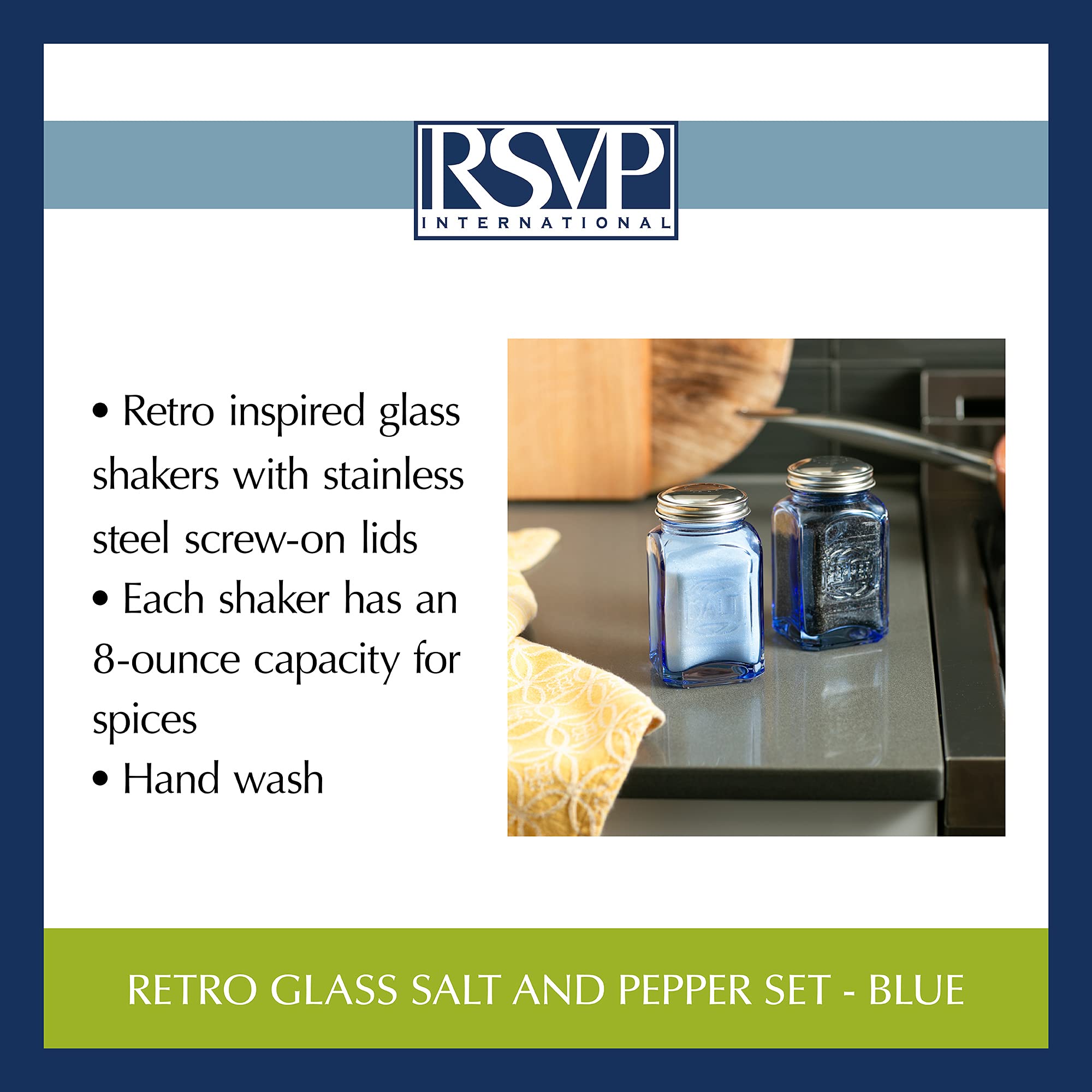 RSVP International Jumbo Retro Glass Salt & Pepper Shakers, 8 oz, Blue, Stainless Steel Lid, Model 8015, 2.25x2.25x4.6 inches