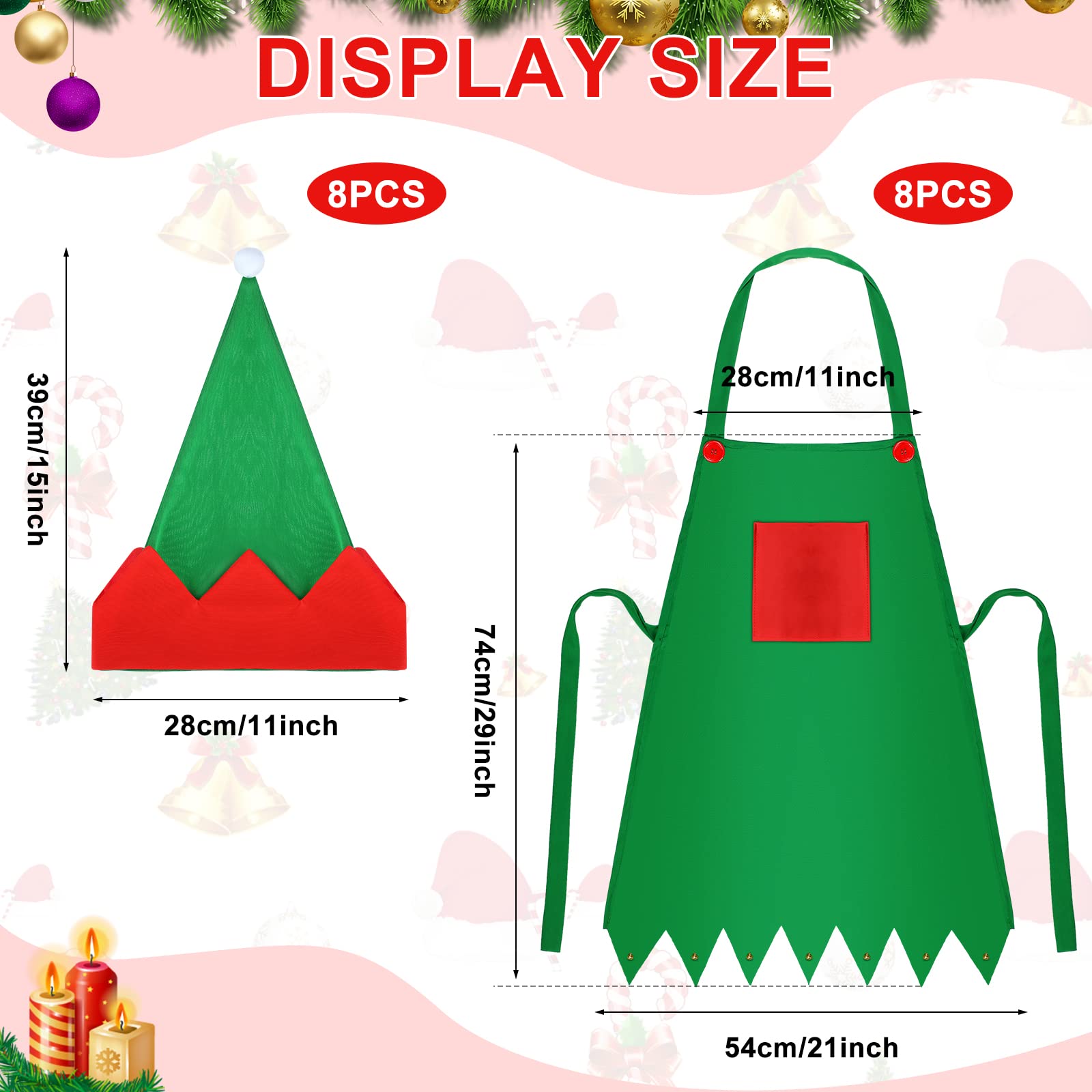 16 Pieces Christmas Elf Apron Kits Red and Green Adults Elf Costume for Women Santa Aprons Hats Christmas Party Costume (Green)