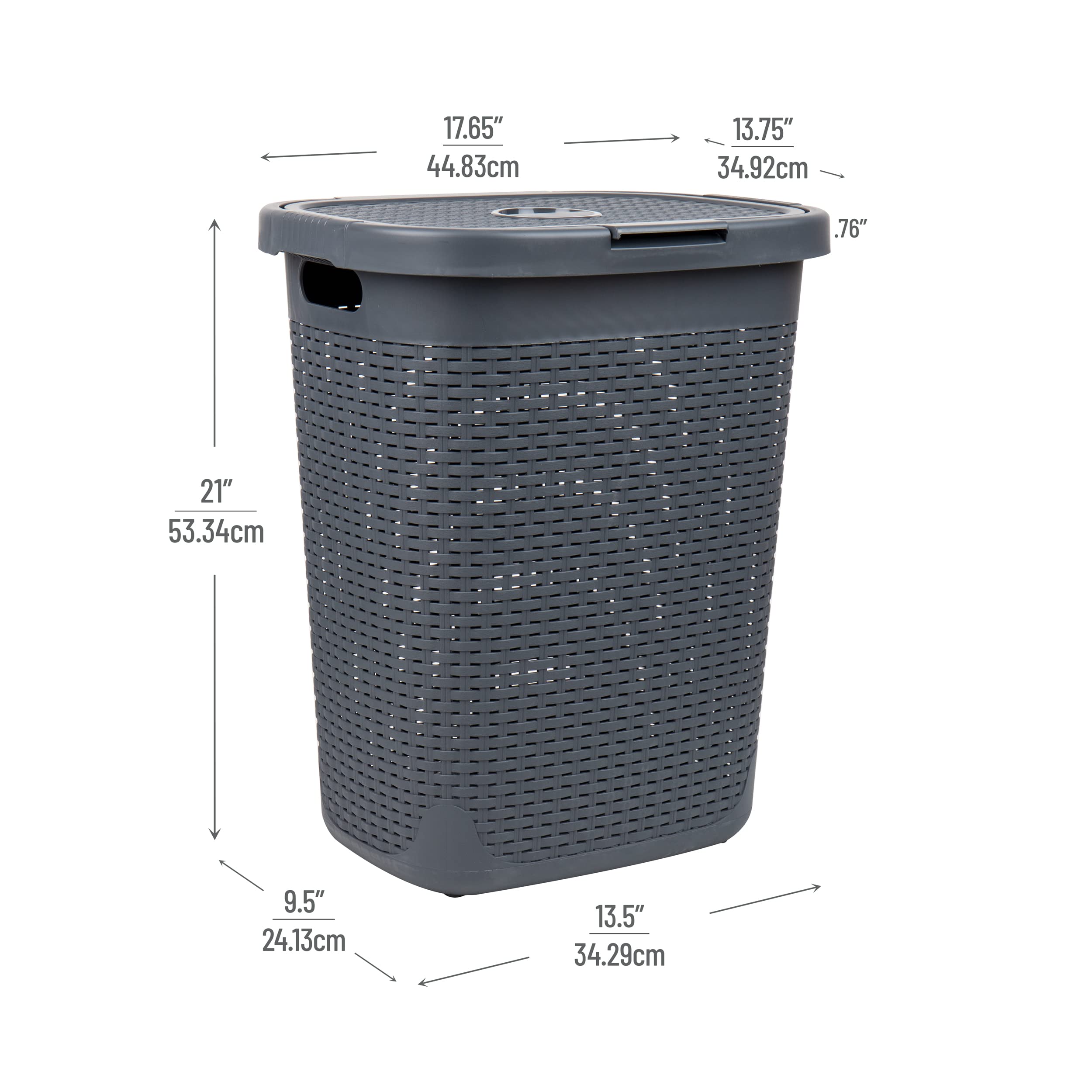 Mind Reader 50L Slim Laundry Hamper, Set Of 2, Clothes Basket, Lid, Wicker Design, Plastic, 17.65''L X 13.75''W X 21''H, Gray
