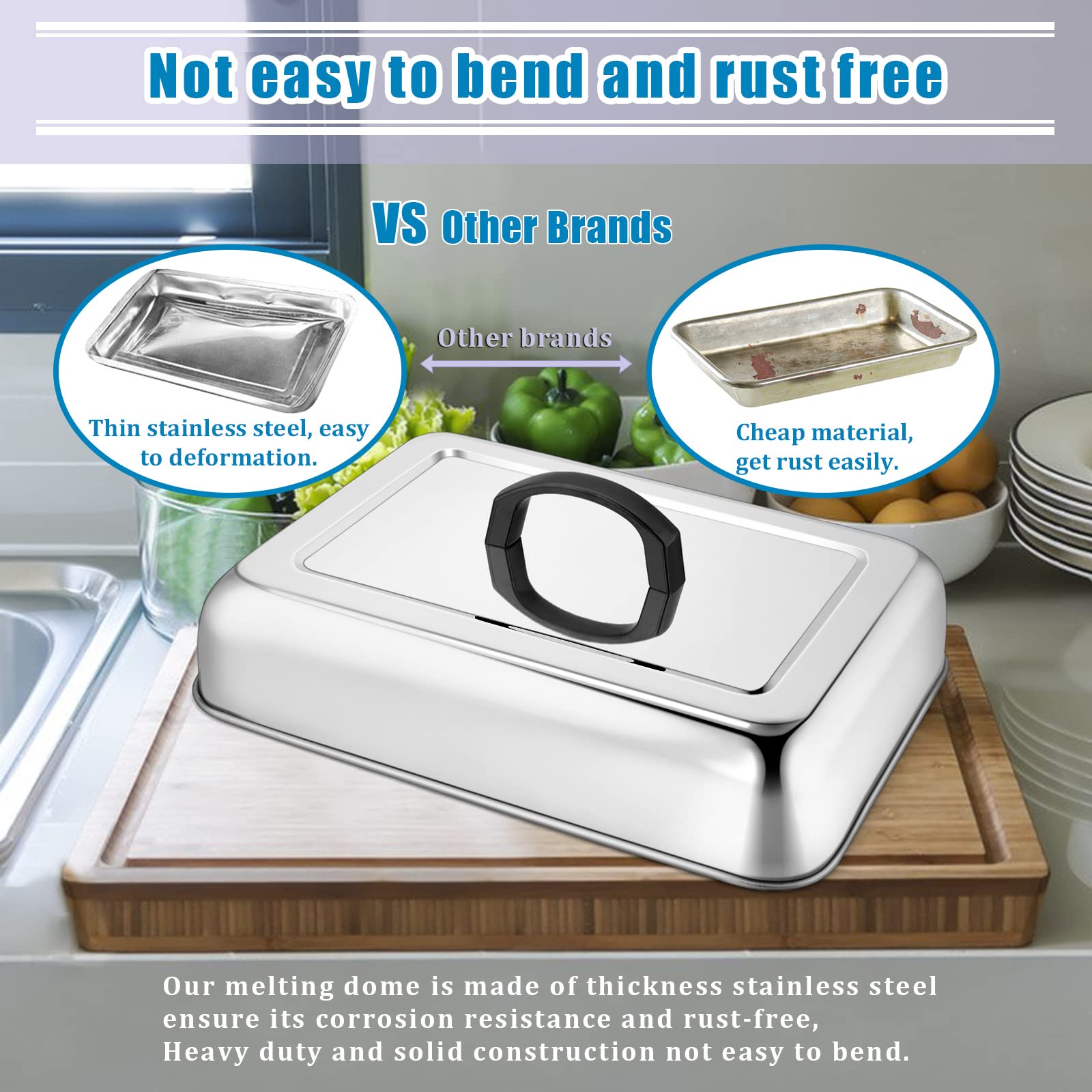 2Pcs Rectangular Basting Cover, Hasteel Stainless Steel Cheese Melting Dome Steaming Cover Lid, Heavy Duty Griddle Grill Accesso