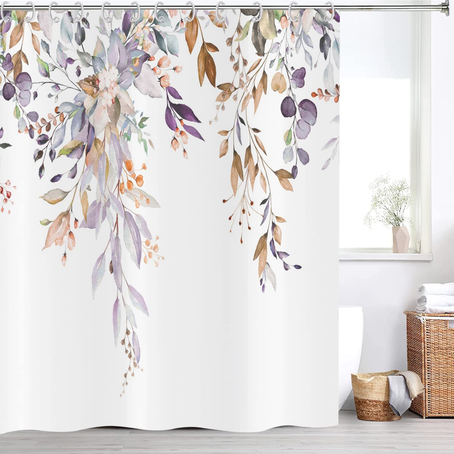 Gcirec Leaf Shower Curtain, Light Purple And Tan Eucalyptus Leaves Botanical Plants On The Top Fabric Bathroom Curtain Home Deco