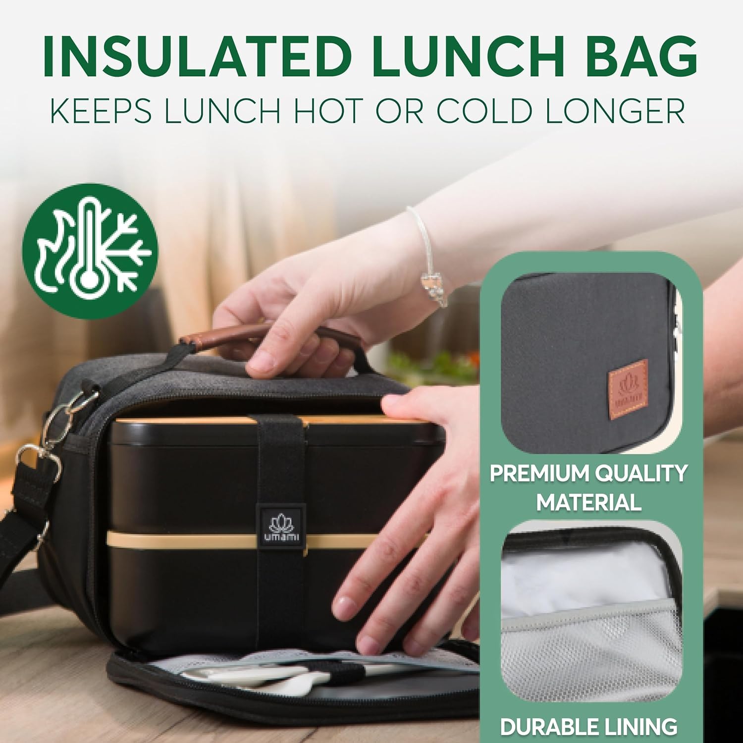 Umami Insulated Lunch Box Bag Women & Men W/Water Bottle Pocket W/Adjustable Shoulder Strap, Perfect-Size, Great For Work And Tr