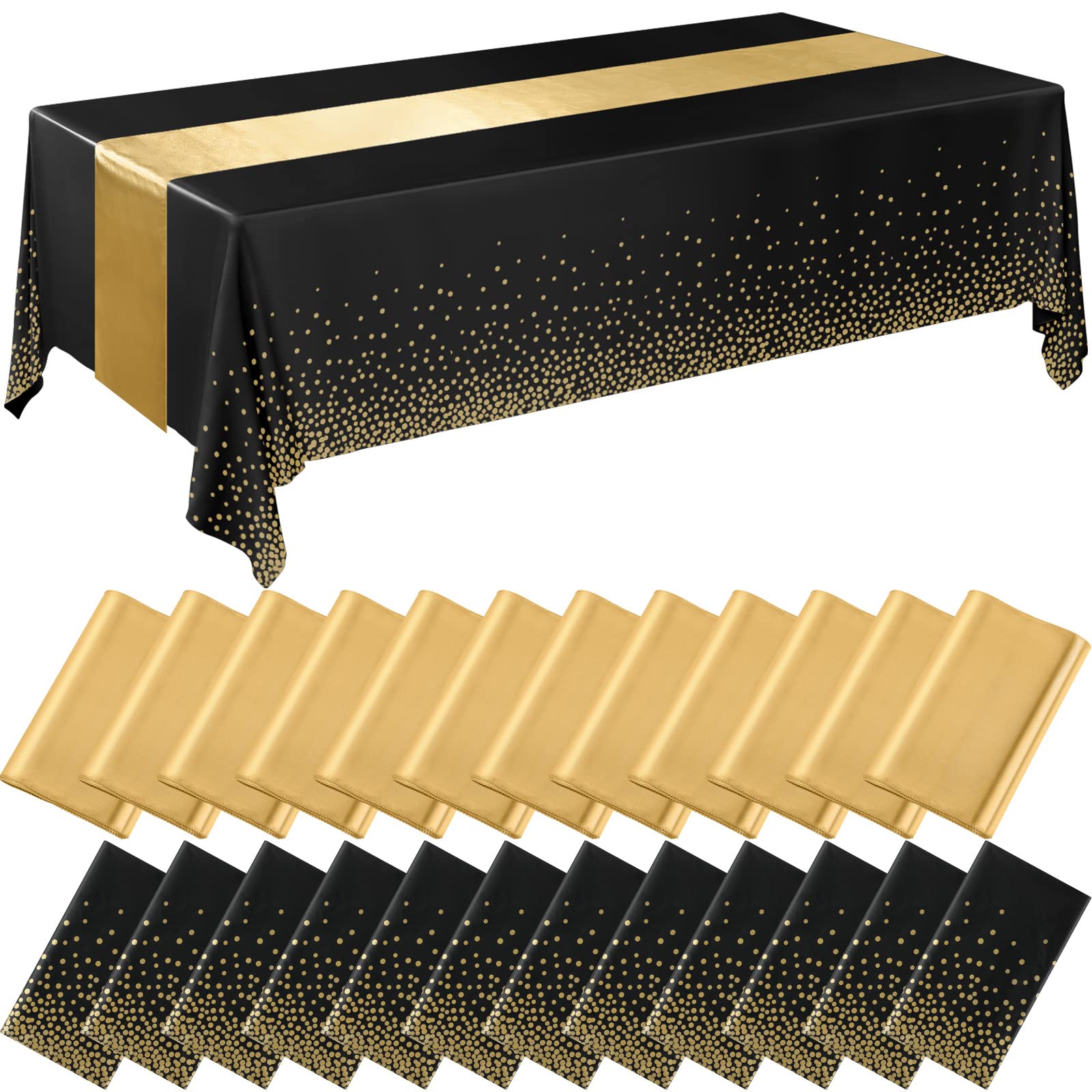 Breling 24 Packs Black and Gold Disposable Plastic Tablecloths and Satin Table Runner Set, 54 x 108 Inch Tablecloth, 12 x 108 In