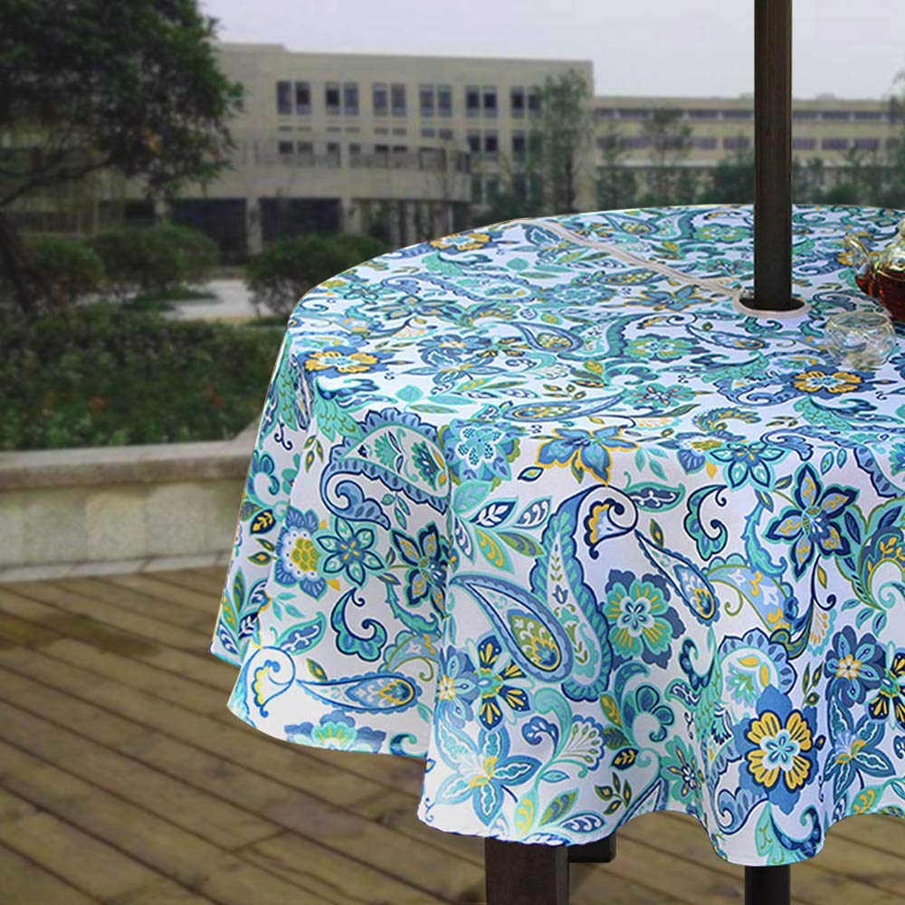 Melaluxe Spring/Summer Wrinkle-Free Waterproof Outdoor Tablecloth with Umbrella Hole and Zipper, 60 Inch Square