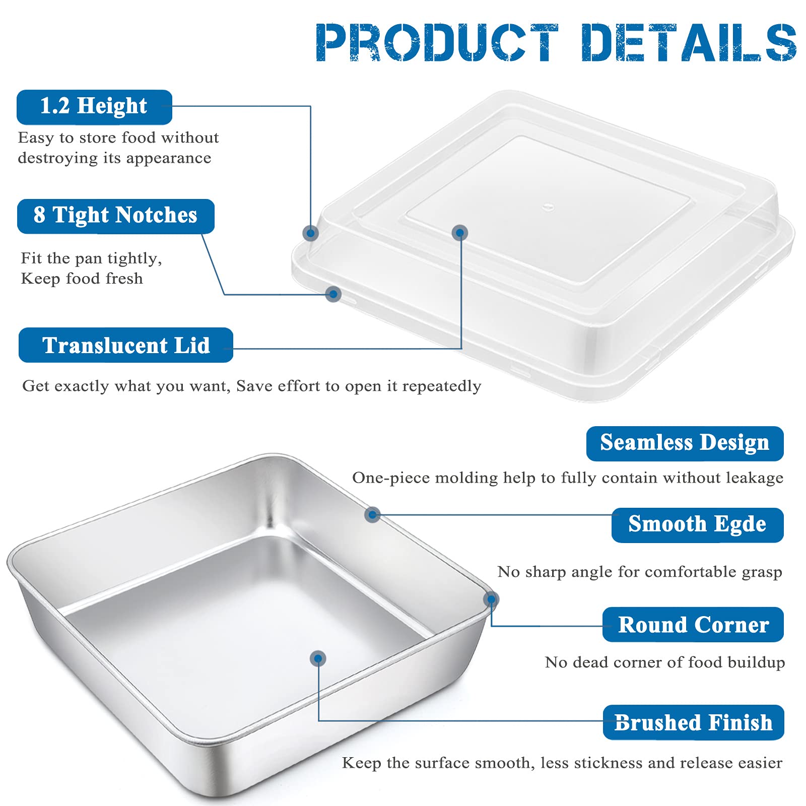 P&P Chef 9.5 Inch Square Baking Pan With Lid, Stainless Steel Cake Pan For Roasting Lasagna Brownie Casserole Bread, A Plastic R