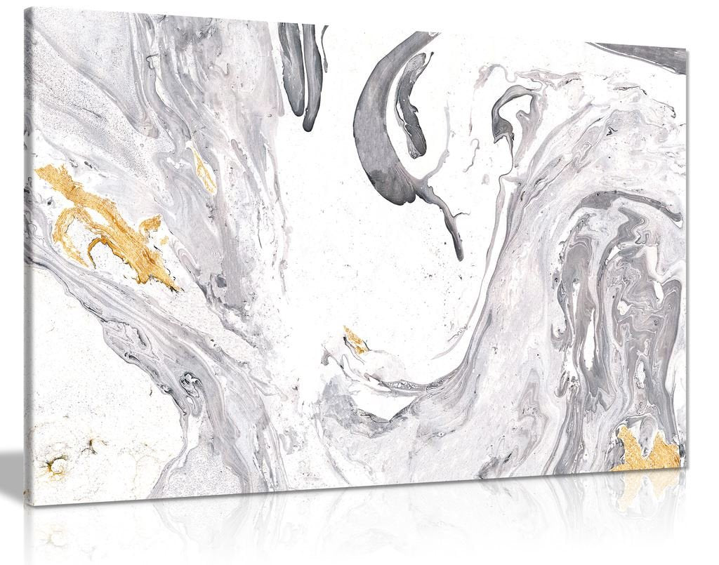 Abstract Modern Grey Yellow White Paint Swirls Canvas Wall Art Picture Print (18X12)