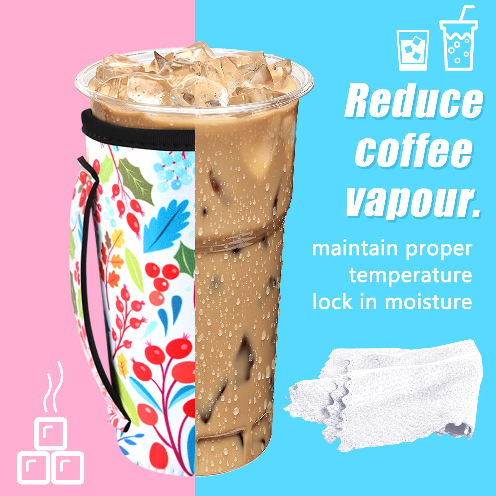 Chengu 5 Pack Iced Coffee Sleeve Flower Patterned Insulator Sleeves Reusable Sleeves For Coffee Neoprene Cup Holder For Cold Dri