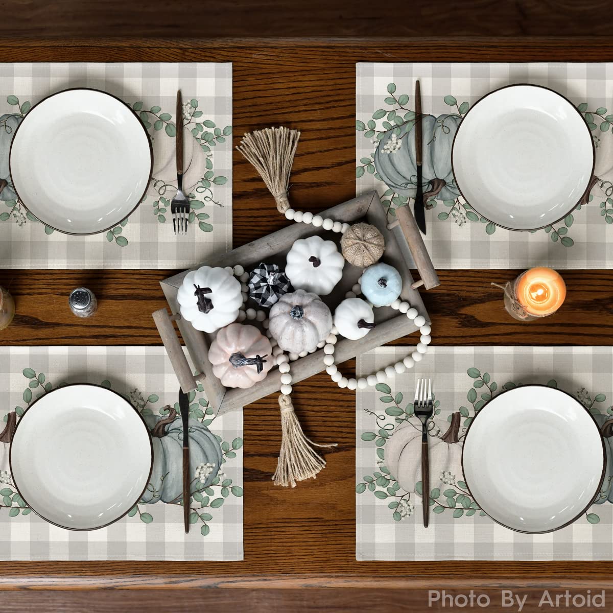 Artoid Mode Pumpkins Eucalyptus Leaves Fall Placemats Set Of 4, 12X18 Inch Autumn Thanksgiving Harvest Vintage Table Mat For Par