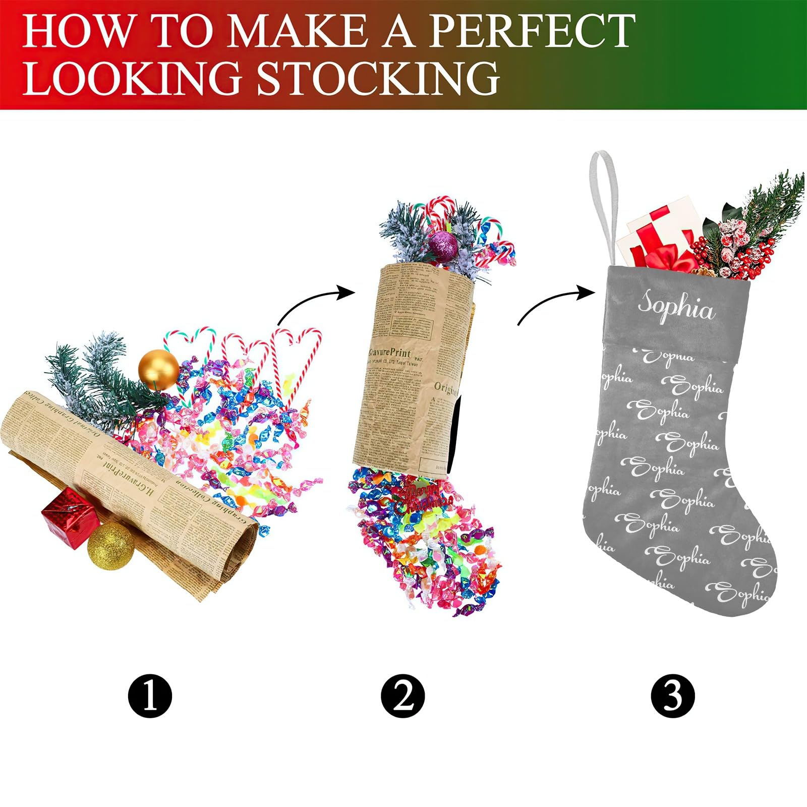 SunFancyCustom Personalized Name Gray Name Christmas Stockings Text Custom Xmas Holiday Pup Dog Gift Decor 17.52 x 7.87 Inch