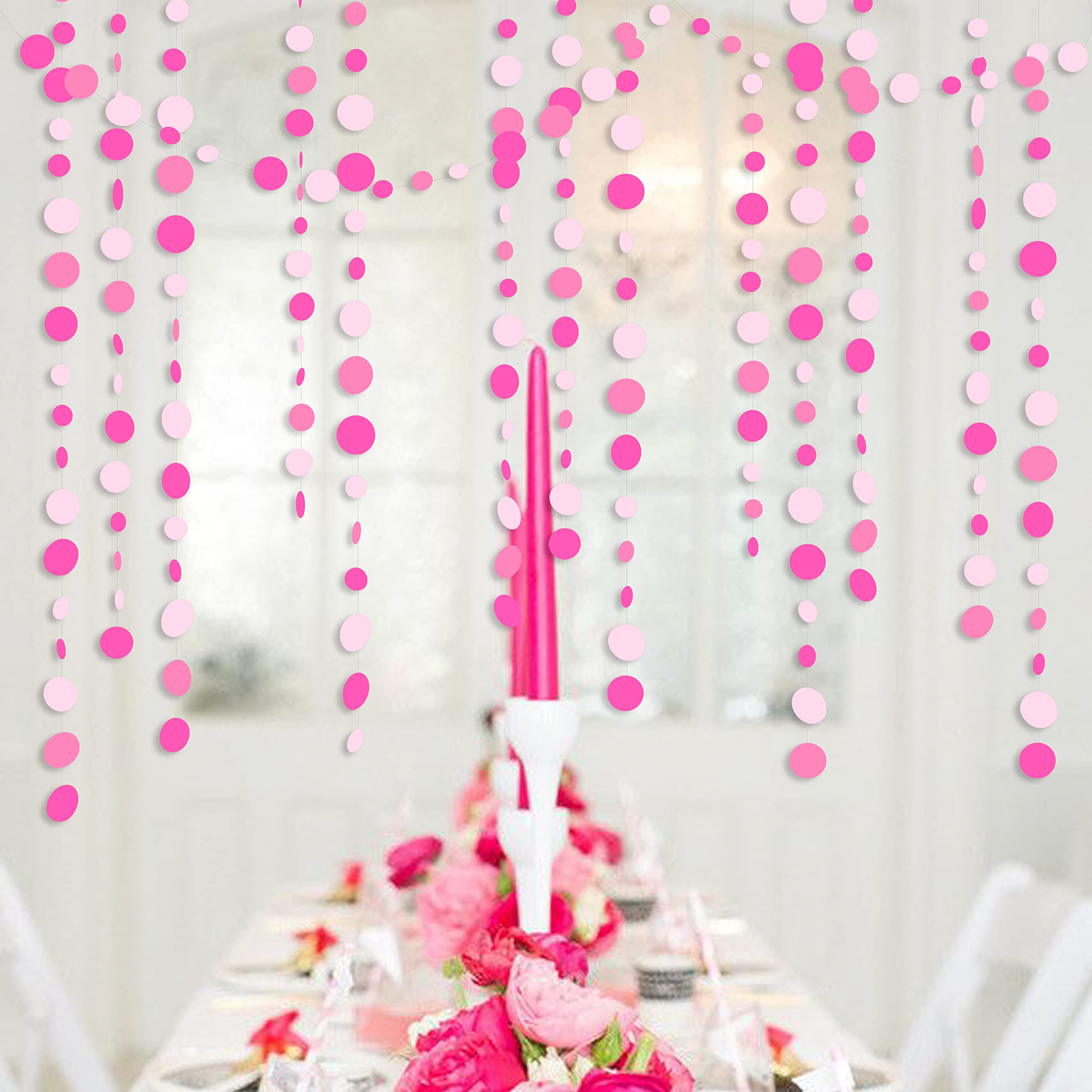 Hot Pink Party Decorations Circle Dots Garland Rose Pink White Hanging Paper Polka Dots Streamer For Birthday Bachelorette Engag