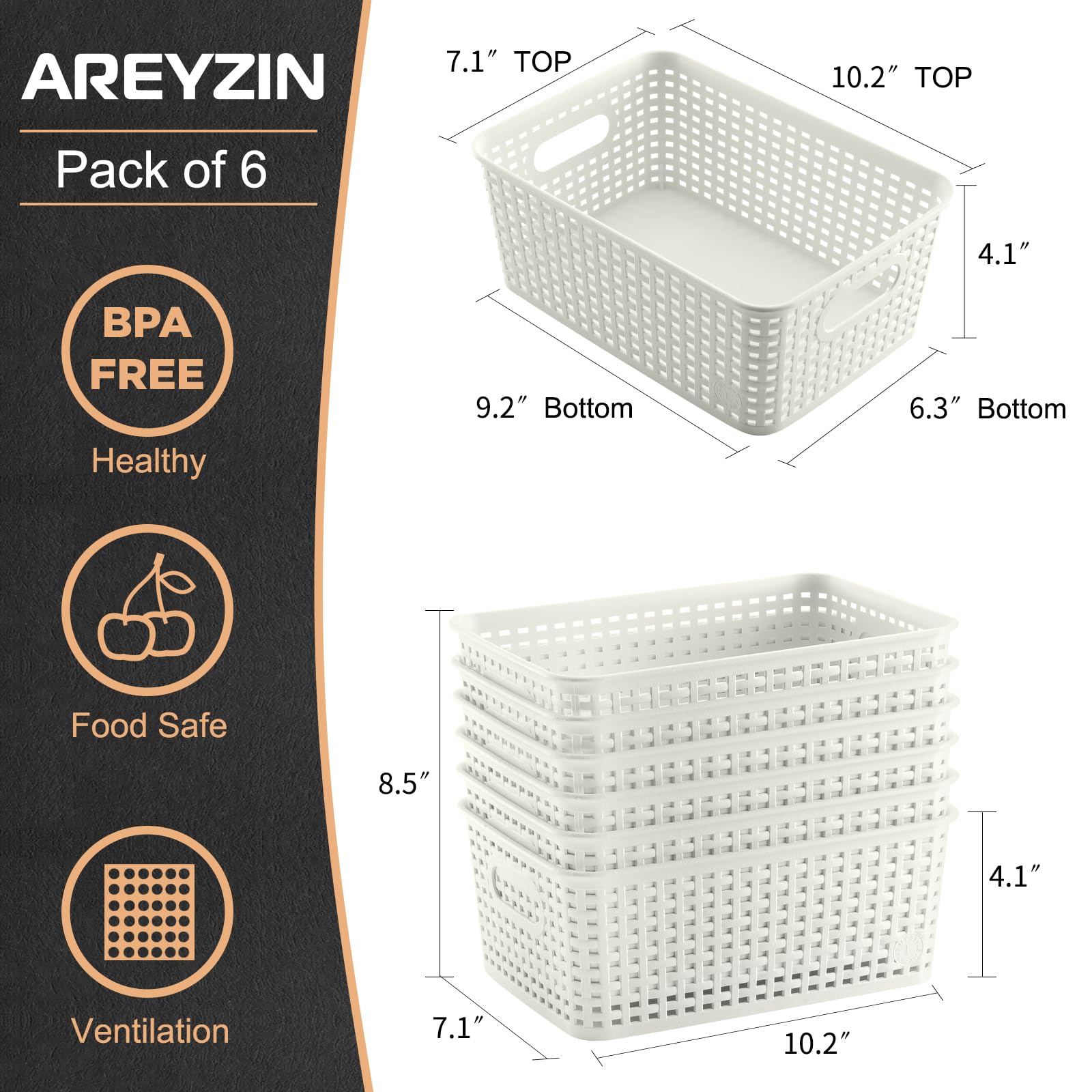 Plastic Storage Baskets Set Of 6 Sturdy Pantry Organizers And Storage Bins Storage Container For Shelves, Countertops, Desktops,