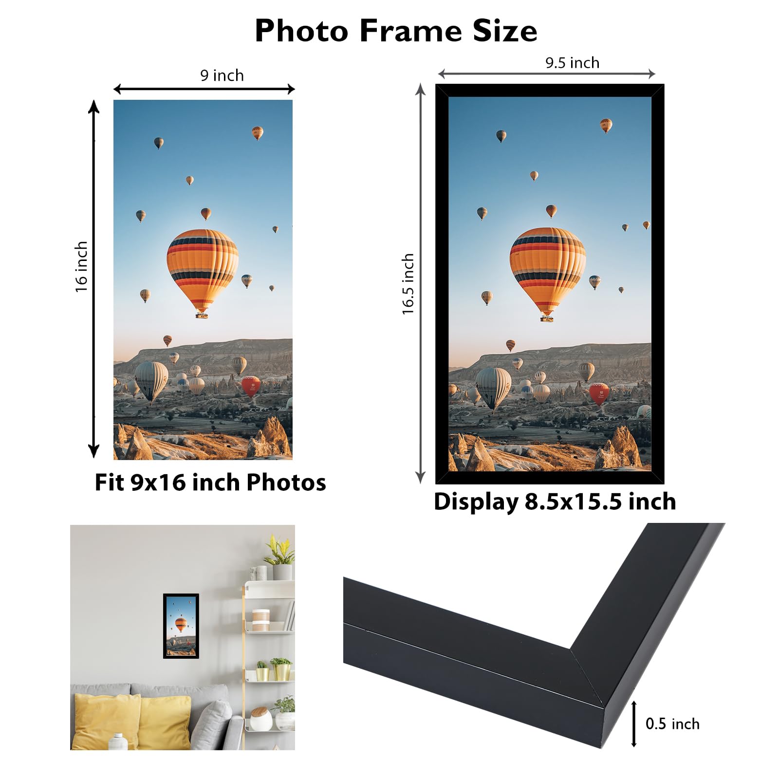 JCJMY 9x16 Picture Frame Black for Wall Hanging, Wall Mounting Horizontally or Vertically, 9 x 16 Wall Gallery Poster Photo Fram