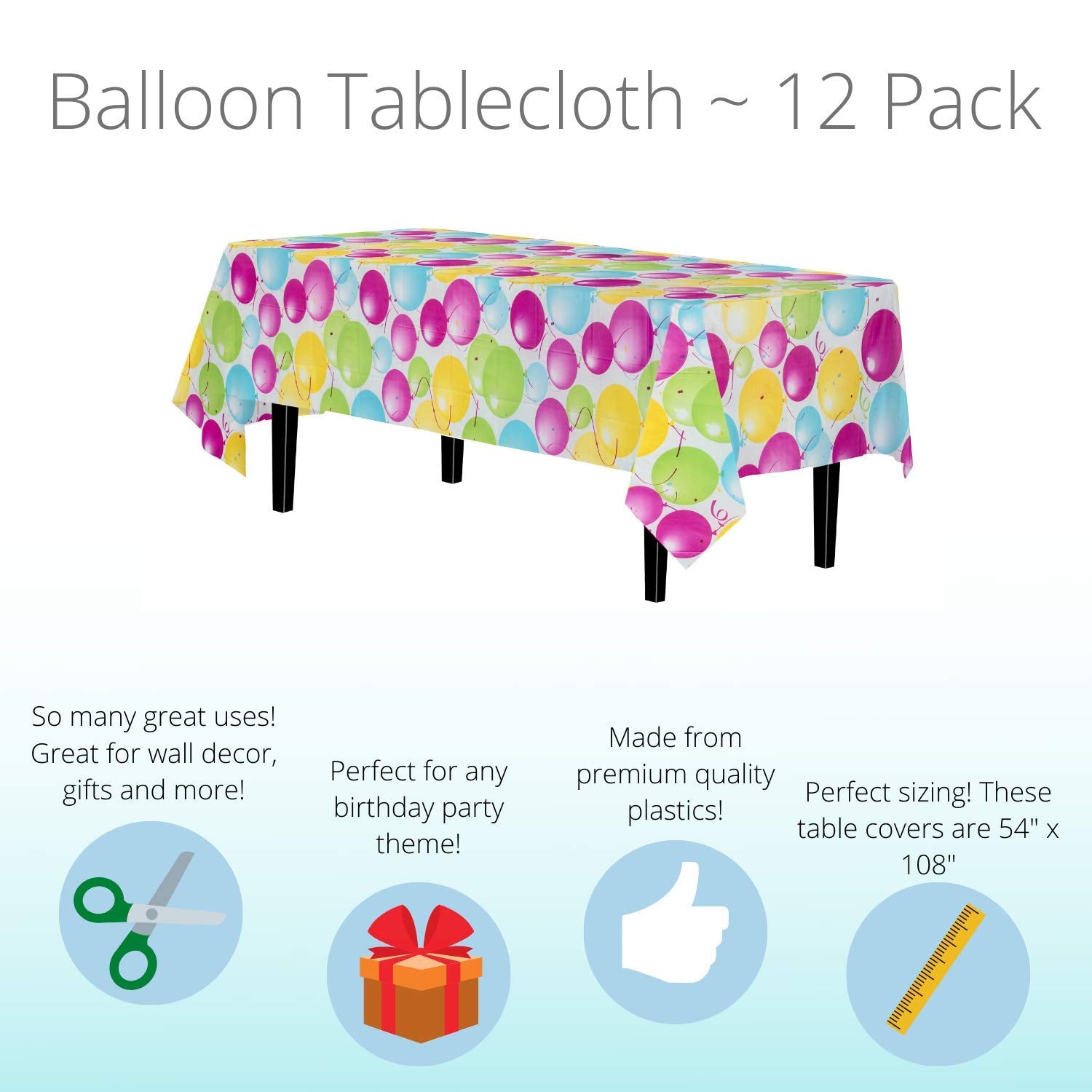 Exquisite 12 Pack Premium Quality Balloon Design Plastic Tablecloth - 54 Inches By 108 Inches Of Fabulous Rectangle Birthday Tab