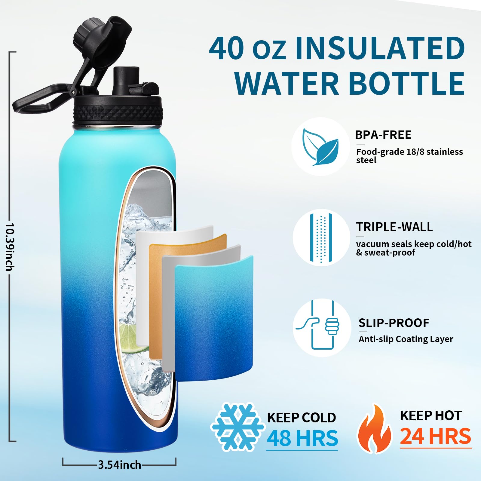 Metal Water Bottle 40Oz - Stainless Steel Water Bottles With Straw Spout Lid, Sleeve Carry Strap, Vacuum Insulated, Leak Proof,