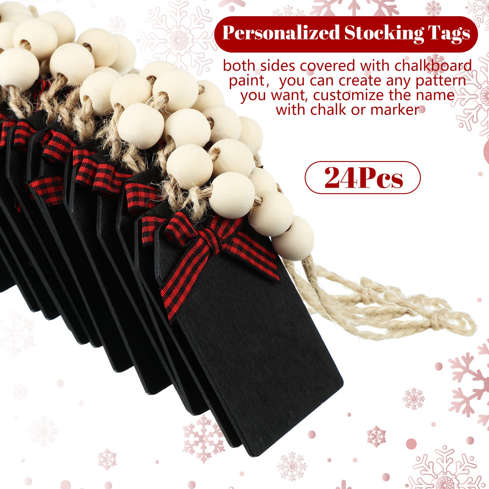 24 Pieces Christmas Wood Stocking Name Tags Buffalo Plaid Row Stocking Tags With Rope And Wooden Beads Mini Hanging Chalkboard T