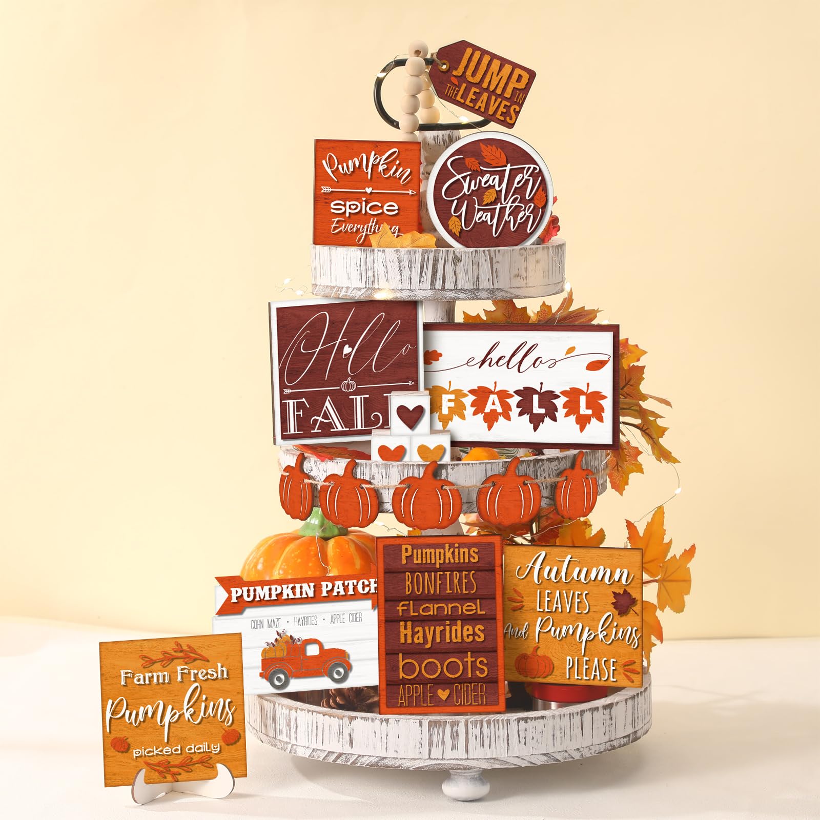 FairySandy 14 Pcs Fall Tiered Tray Decor Thanksgiving Pumpkin Fall Home Decorations Set Rustic Farmhouse Pumpkin Truck Spice Blo