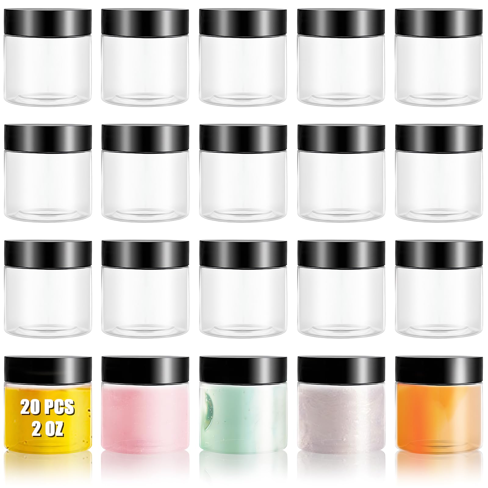 20Pcs 2 Oz Clear Plastic Round Slime Containers,Clear Slime Container With Black Lids,Empty Plastic Storage Jars For Slime,Cosme