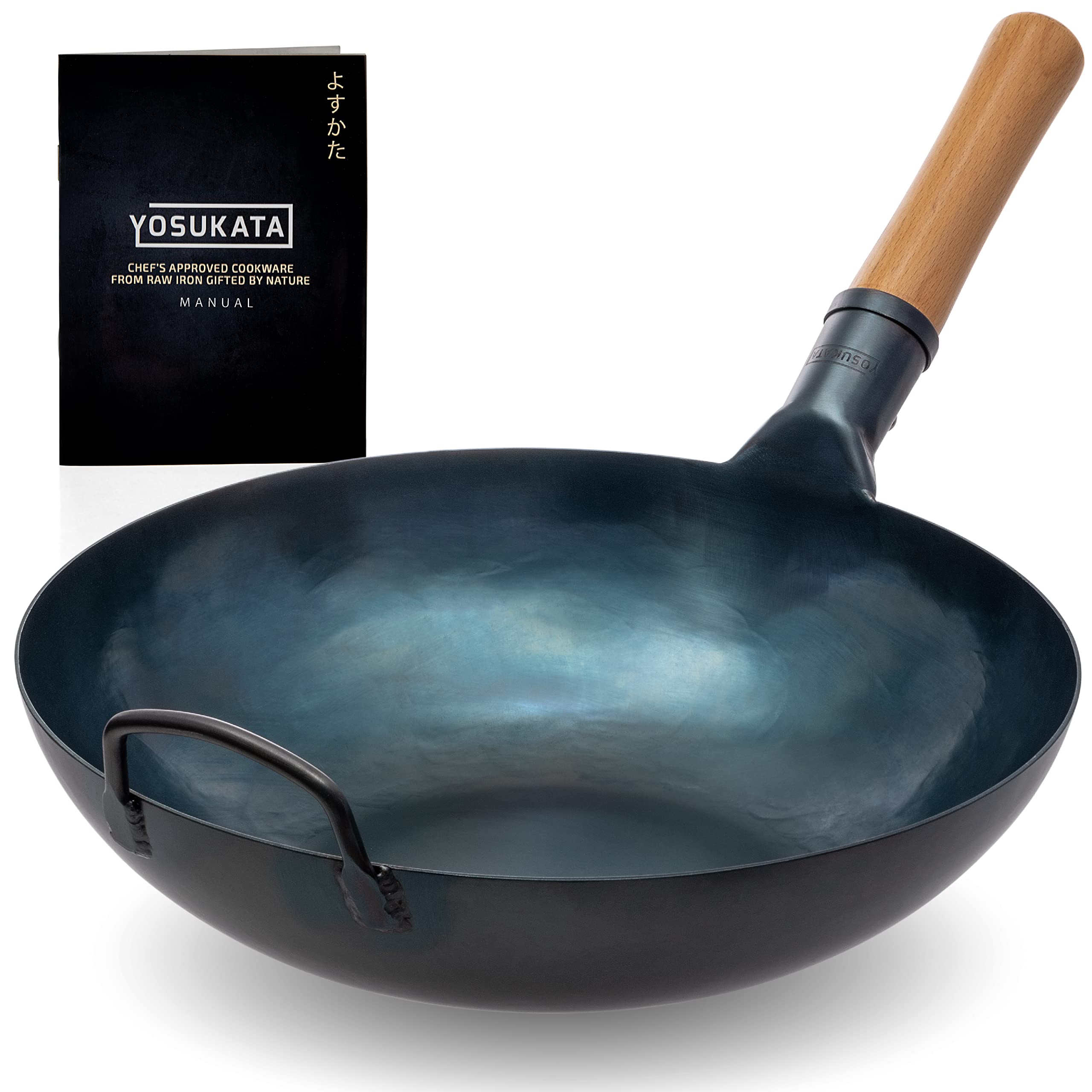Yosukata Woks And Frying Pans 34 Cm - Pre-Seasoned Flat Bottom Wok - Blue Carbon Steel Wok - Wok For Induction, Electric Hobs, G