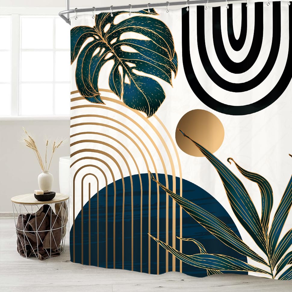 Miyotaa Abstract Modern Navy Blue Shower Curtain Set 60Wx71H Inches Minimalist Mid Century Contemporary Monstera Leaves Vintage