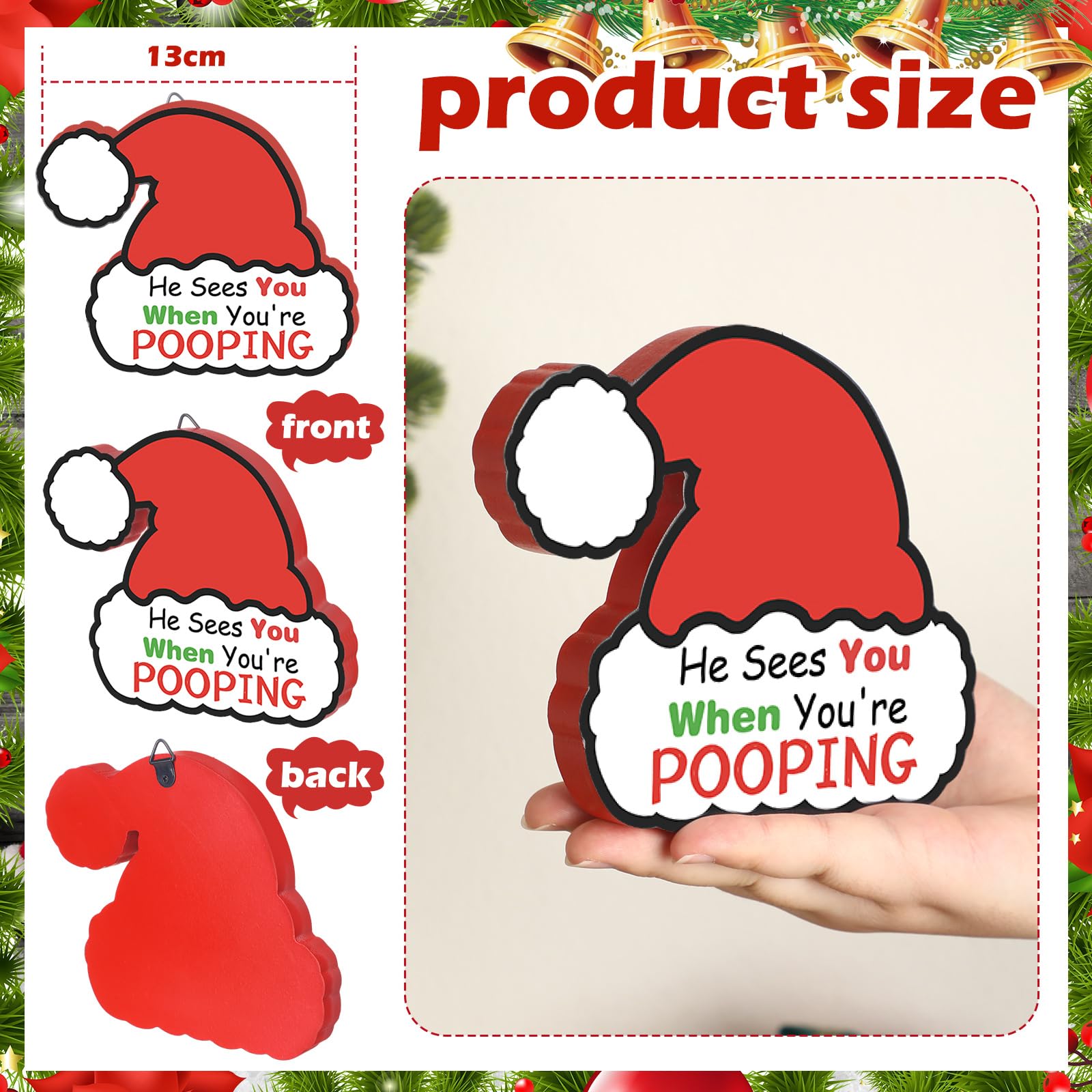 Leinuosen Christmas Bathroom Decorations, Funny Christmas Santa Hat Bathroom Wooden Sign Decor with Hook for Lavatory Xmas Hat O