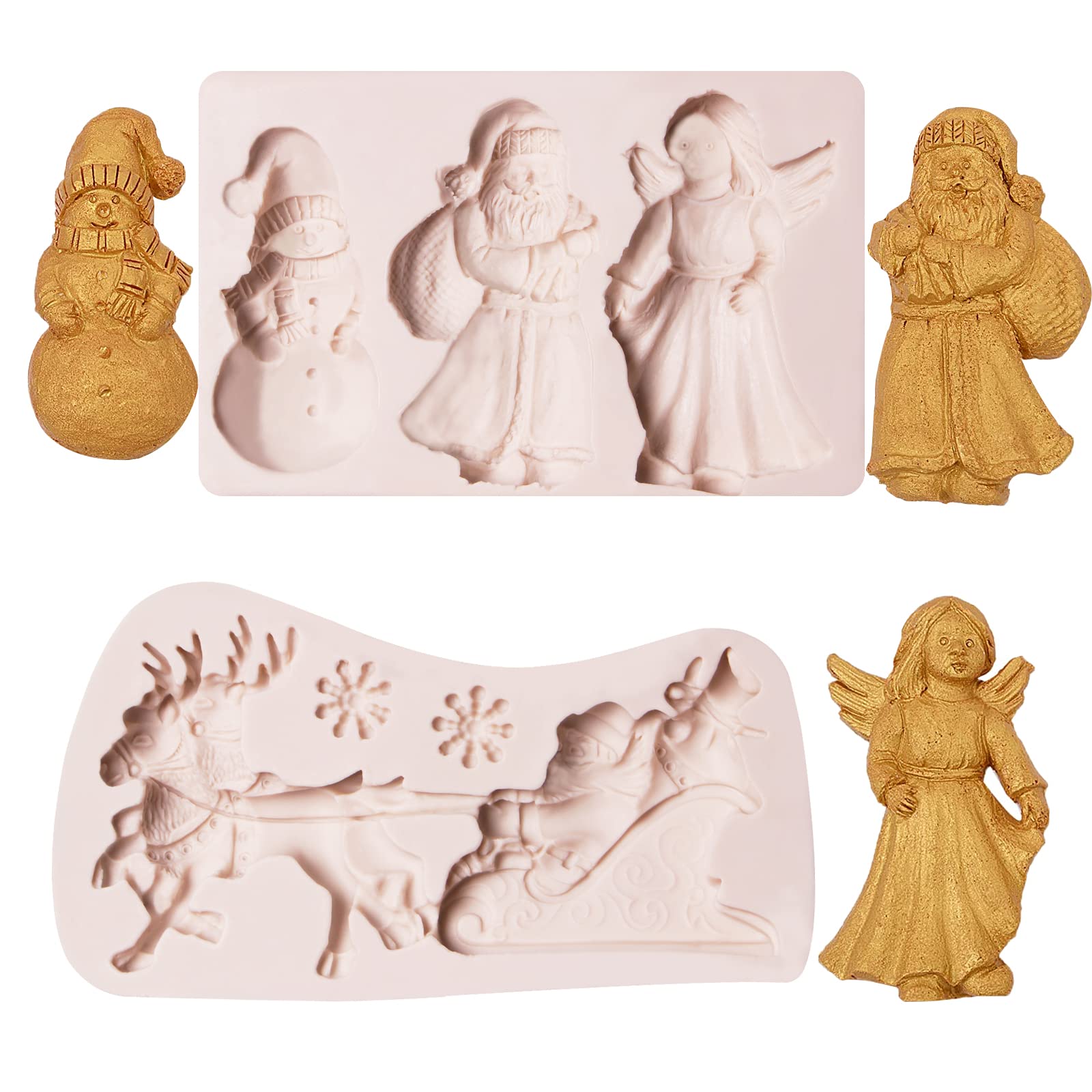 Christmas Fondant Molds 2 Pcs, Santa Claus Snowan Our Lady Feather Silicone Chocolate Mold For Reindeer Snowflake Deer Moluld Ca