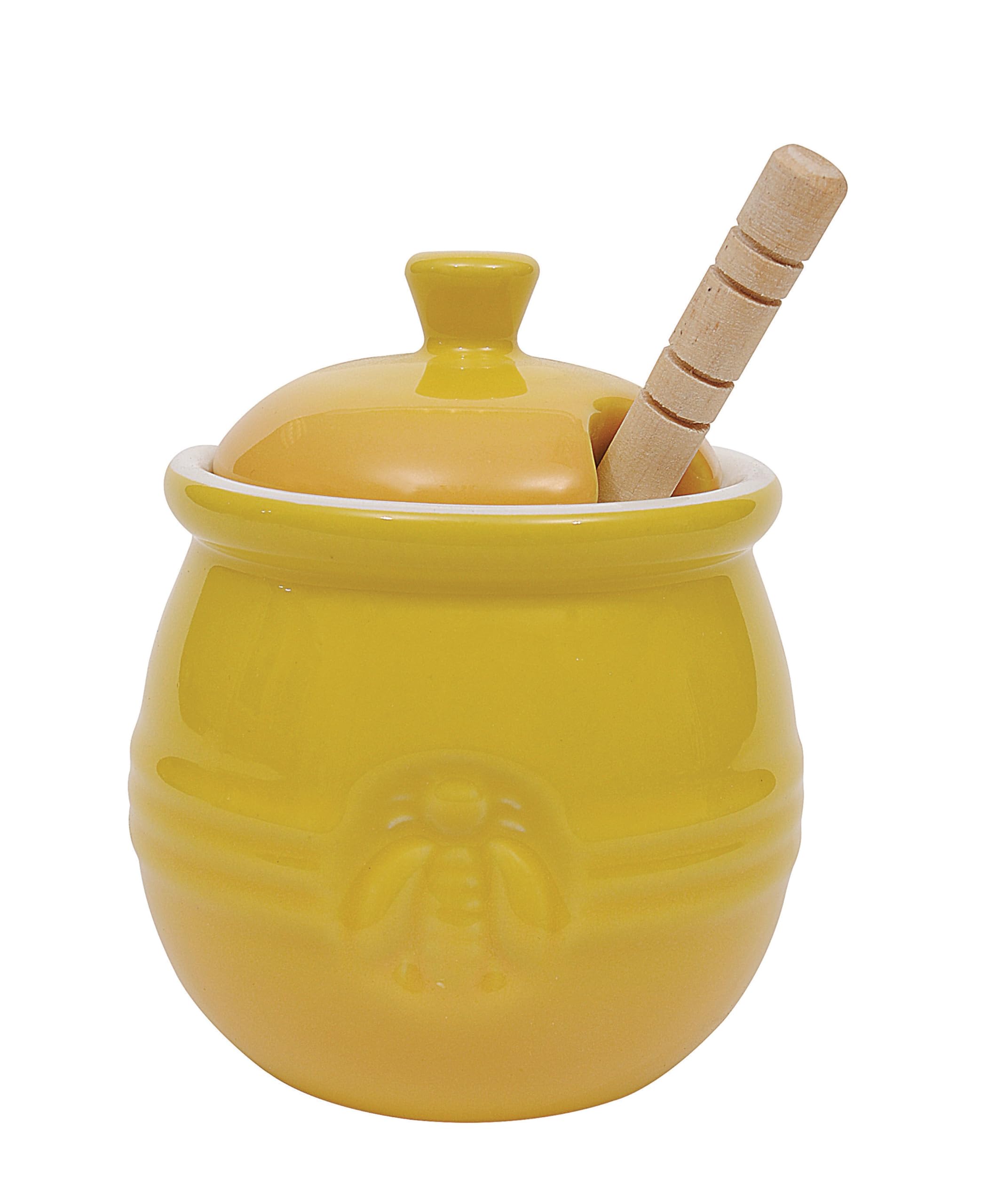 Creative Co-Op Farmhouse Embossed Stoneware Honey Pot with Wood Honey Dipper  Yellow