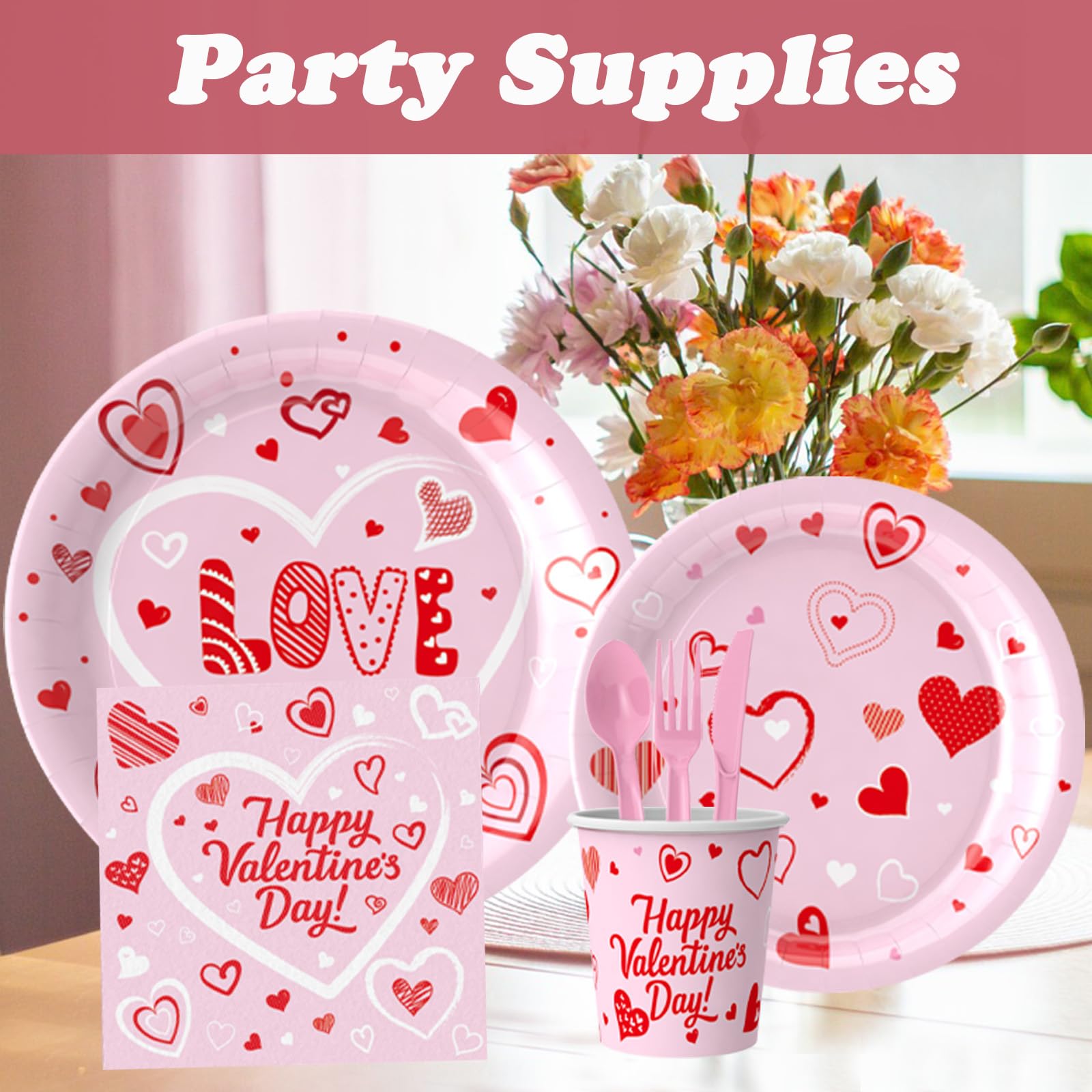 Jiefull Valentine'S Day Party Tableware, Hot Heart Love Disposable Paper Party Plates And Cups And Napkins Sets Serves 16 For We