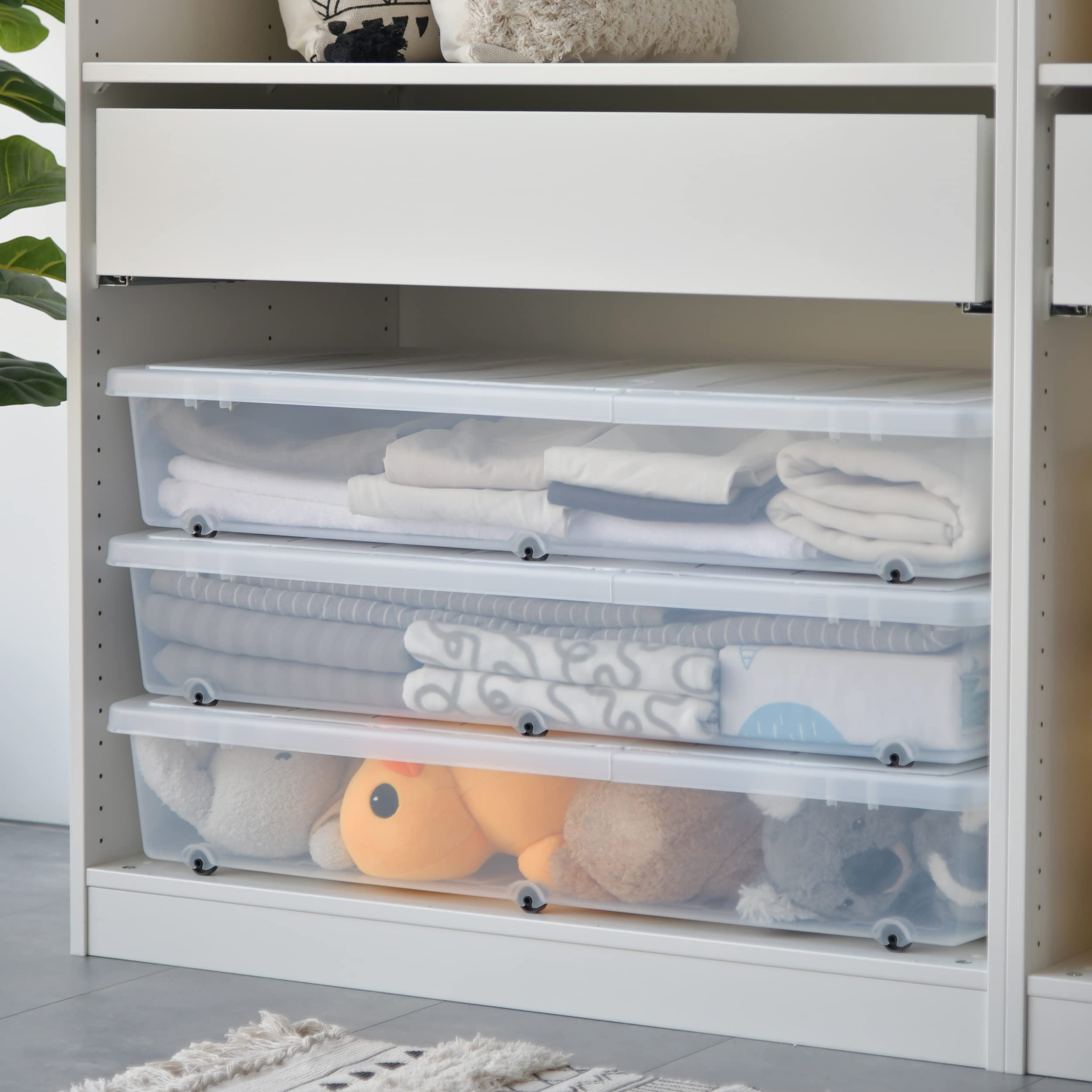 Citylife 2 Packs 57 QT Plastic Under Bed Storage Bins with Double-opening Lids Clear Underbed Storage Containers with Wheels for