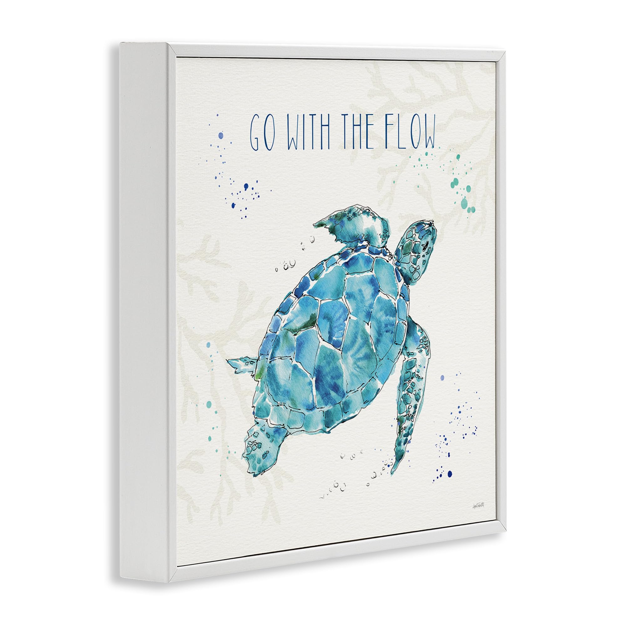 Stupell Industries Go With The Flow Quote Turtle Tortoise Blue Green Watercolor, Design By Anne Tavoletti White Framed Wall Art,