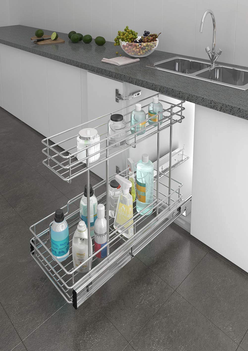 Under Sink Organizer 9''W X18.5''D,Pull Out Cabinet Organizer 2 Tier,Under Sink Slide Out Organizer Chrome Plated, Under Kitchen