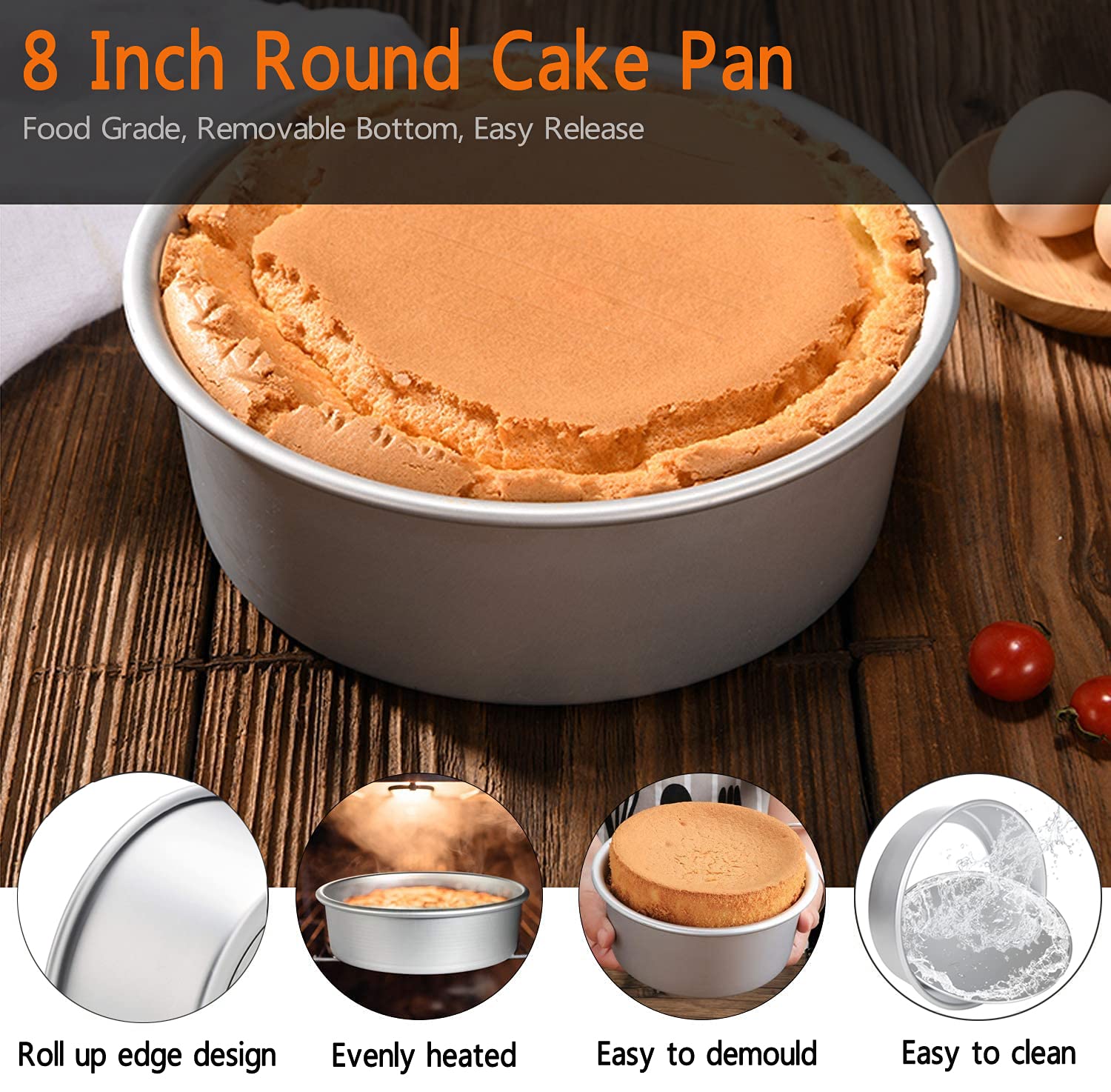 Bezall 8 Inch Round Cake Pan, Non-Stick Cake Baking Pans With Removable Bottom, Aluminum Cheesecake Pan Chiffon Cake Mould
