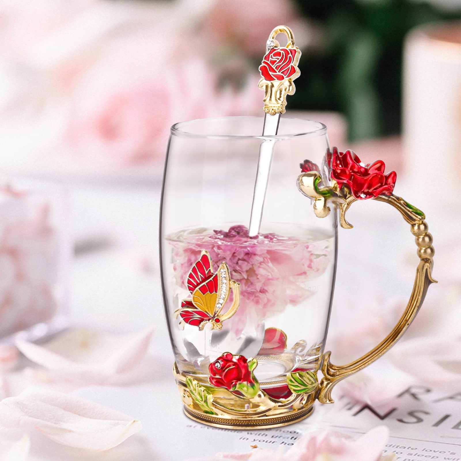 Oeago Gifts For Women Mom Mothers Valentines Day Tea Cup Best Birthday Butterfly Rose Gifts For Her From Daughter Son Glass Coff