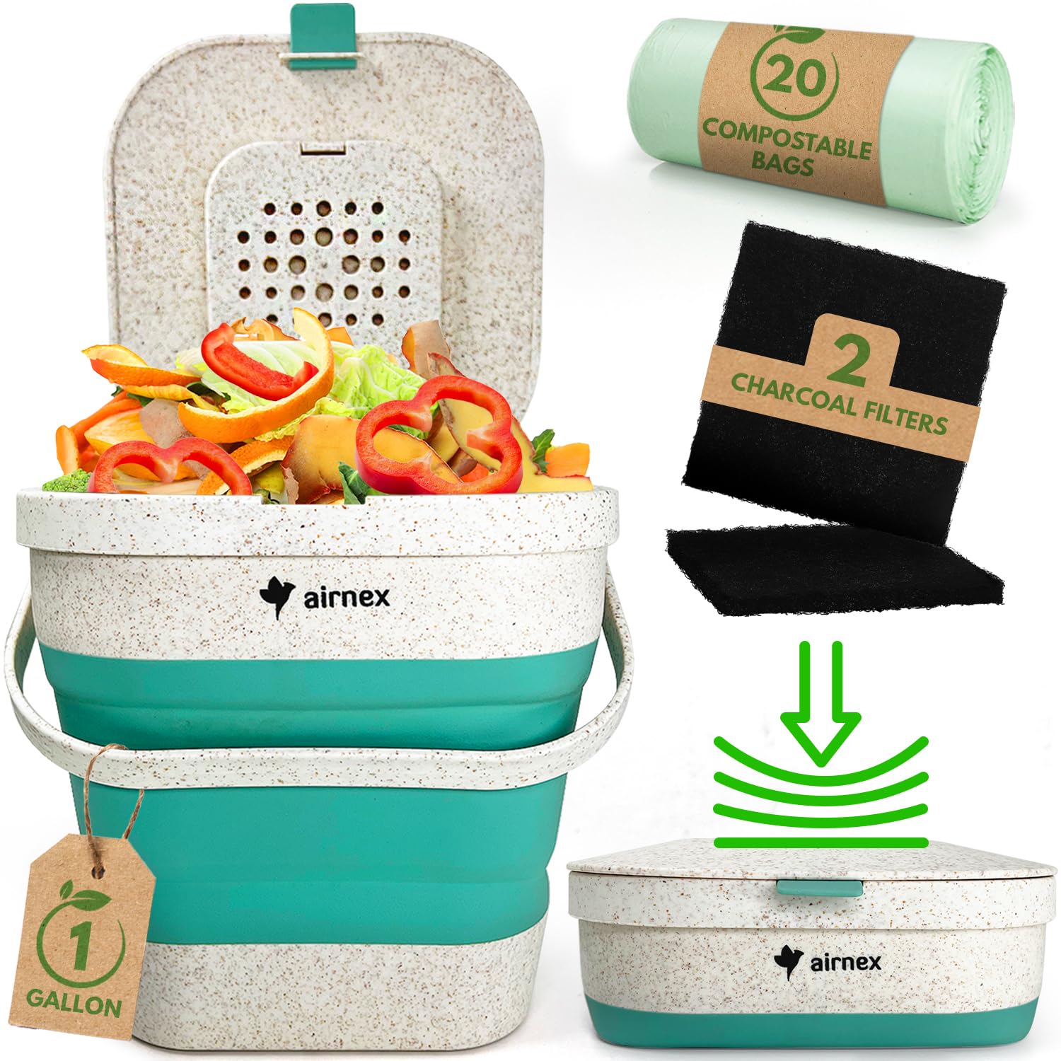 AIRNEX Collapsible Small Compost Bin with Lid - 1 Gallon Compost Bucket Food Waste Caddy Made of Wheat Straw - Odorless Counter 