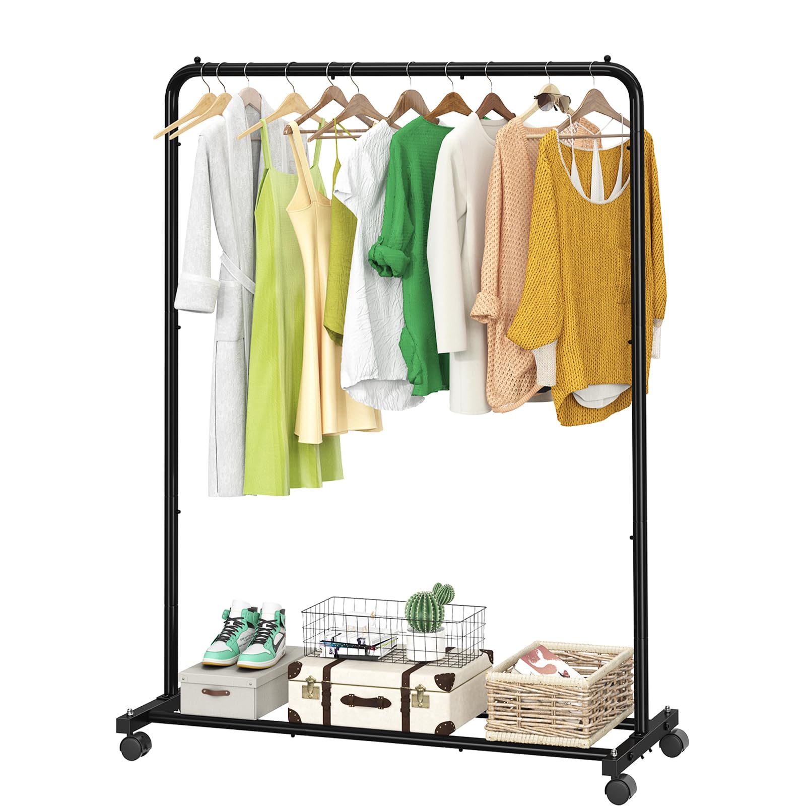 Simple Trending Standard Clothes Clothing Garment Rack With Storage Shelves, Rolling Clothes Organizer On Wheels For Hanging Clo