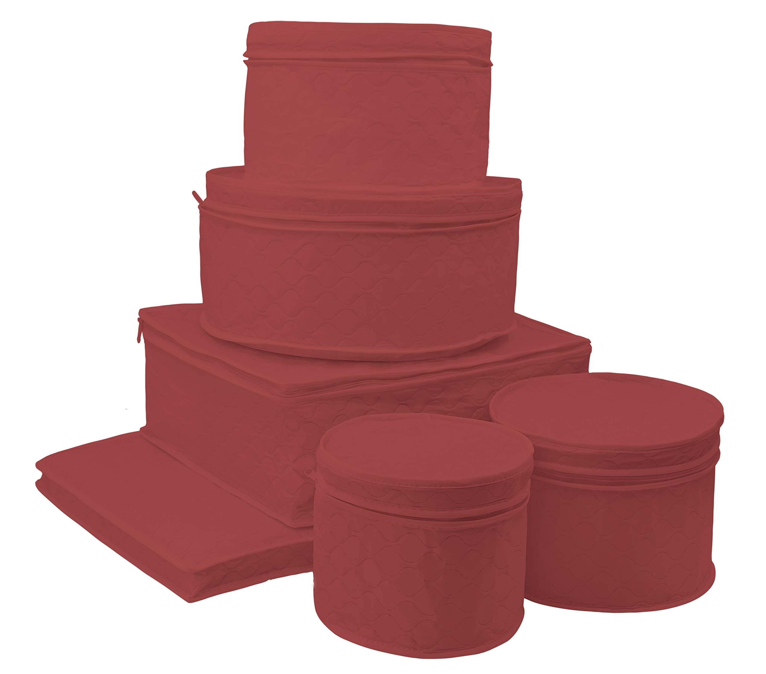 LAMINET 6 Piece Quilted Dinnerware Storage Starter Set - Includes 4 Plate Cases, 1 Cup Case & Platter Case - RED