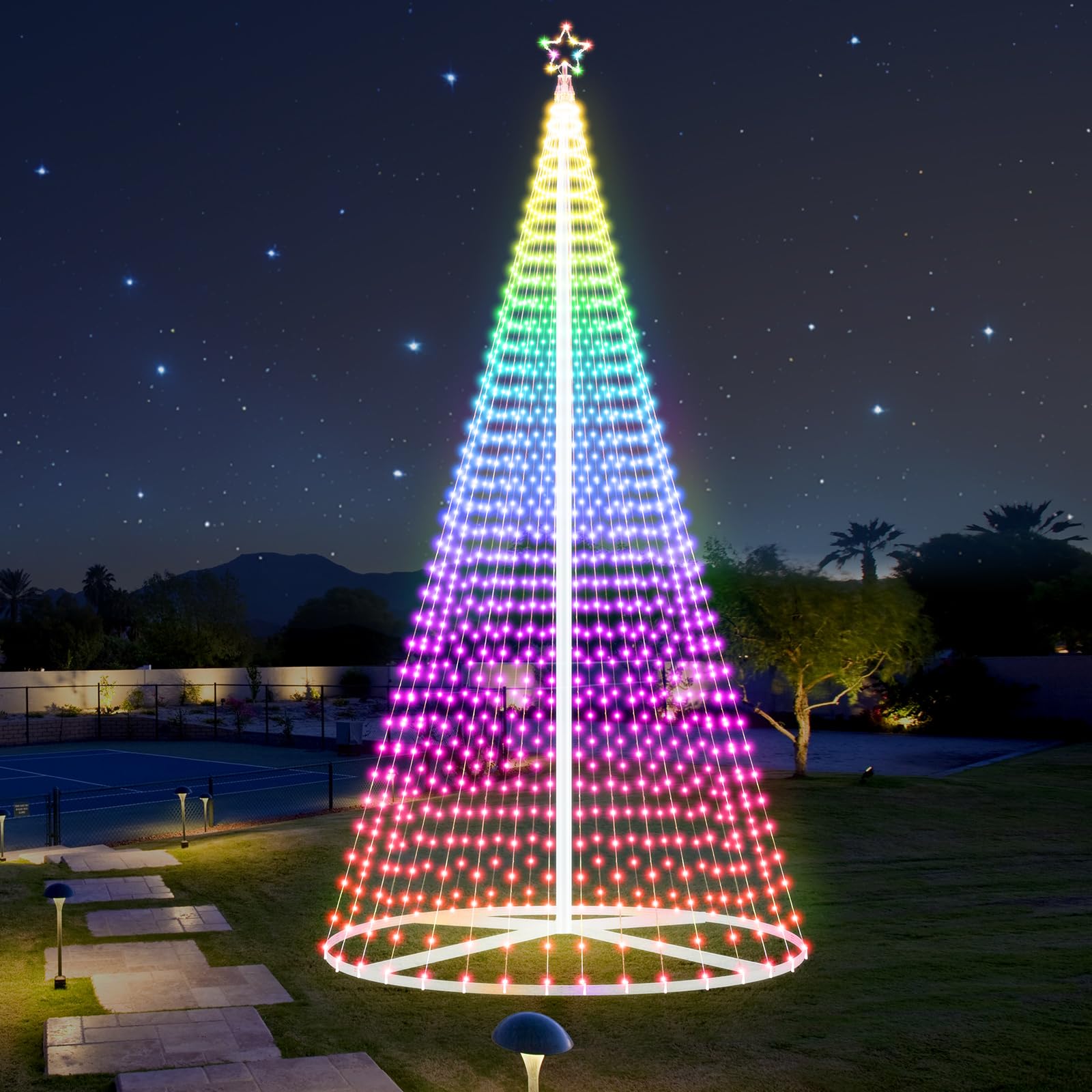 Riakrum 15ft-2167 LED Flagpole Christmas Tree Lights Outdoor Decorations with Star Topper, 8 Lighting Modes Pre-lit LED Flagpole