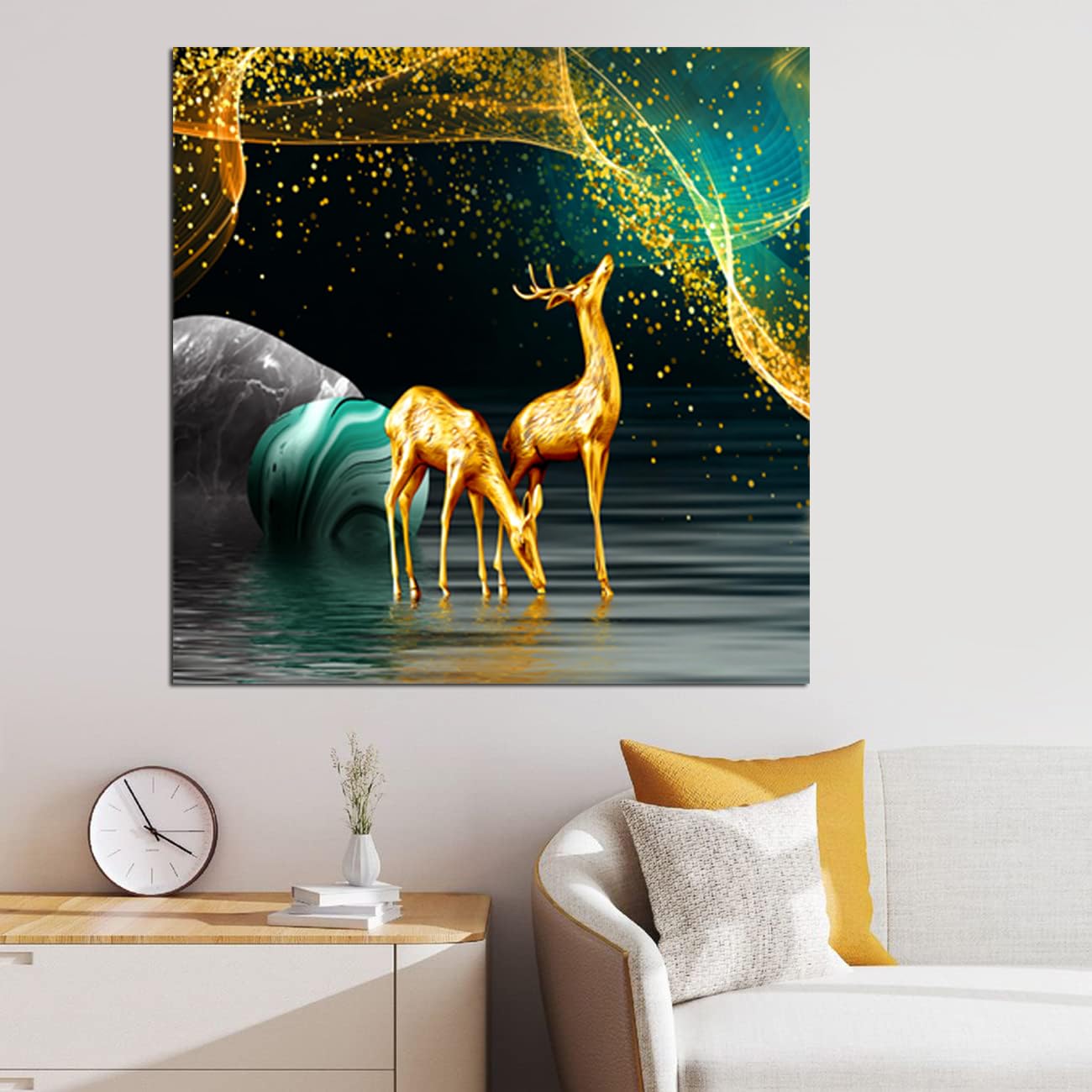 Maxstone Goldan Deer Wall Painting Wall Art Home Decoretive for Living Room, Bedroom, Office, Hotels, Drawing Room (55.88 X 55.8