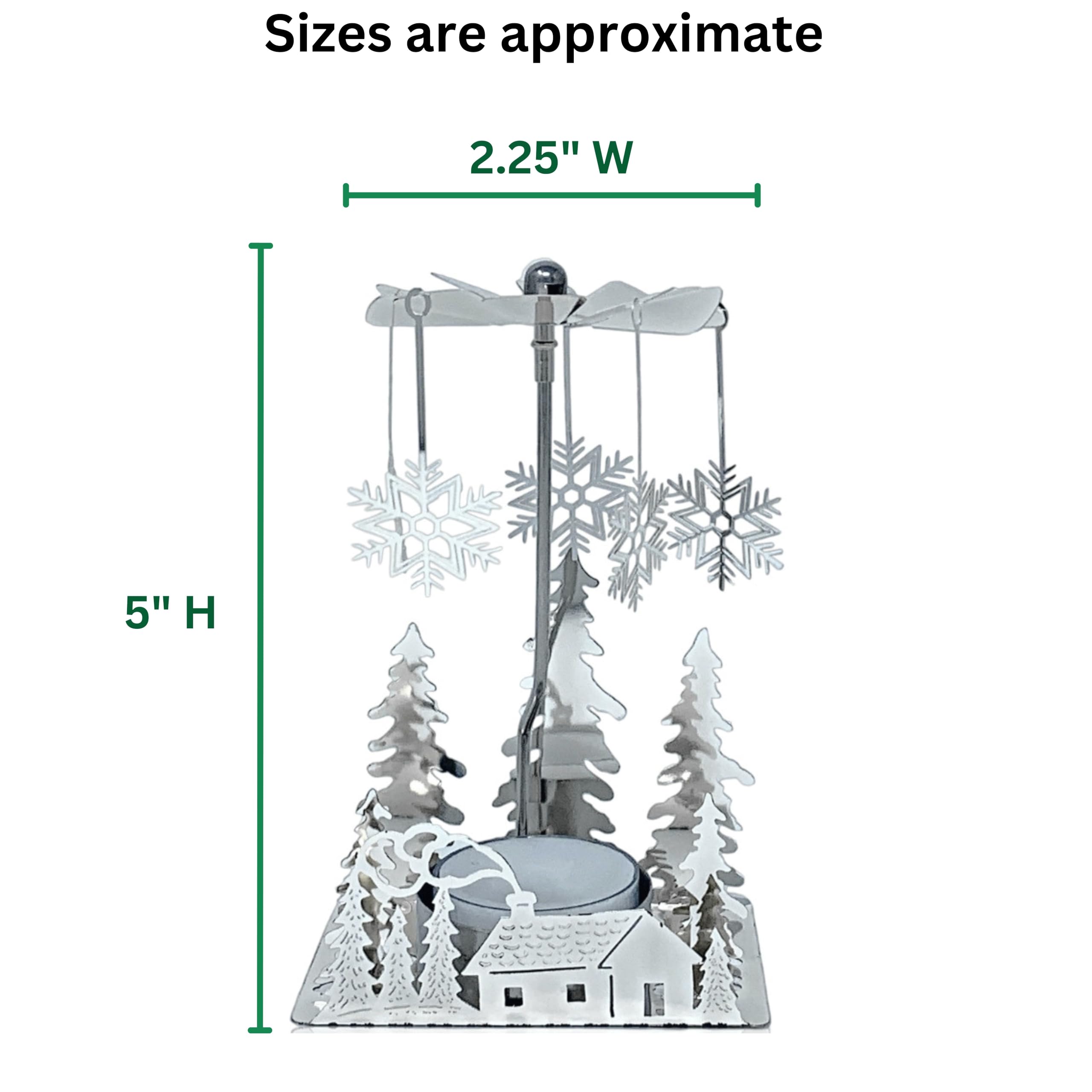 Winter Cabin Holiday Silver Candle Spinners - Silver Plated Laser Cut Winter Scene Cabin Trees Design with Snowflake Charms - Te